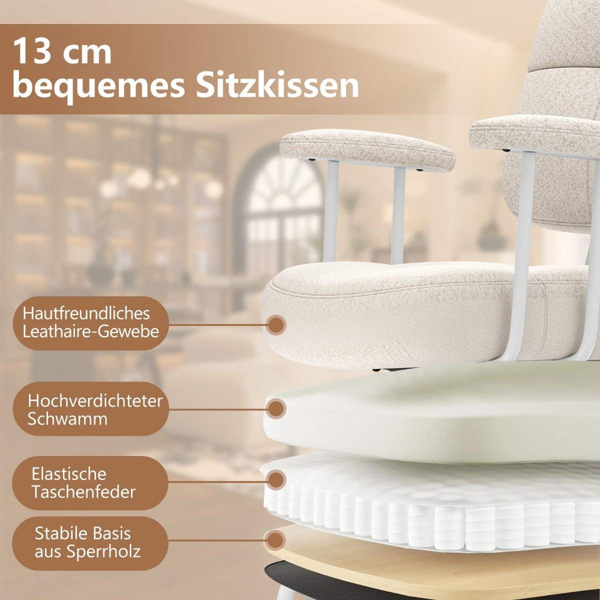 Ergonomisk kontorstol med armlæn og hjul, beige