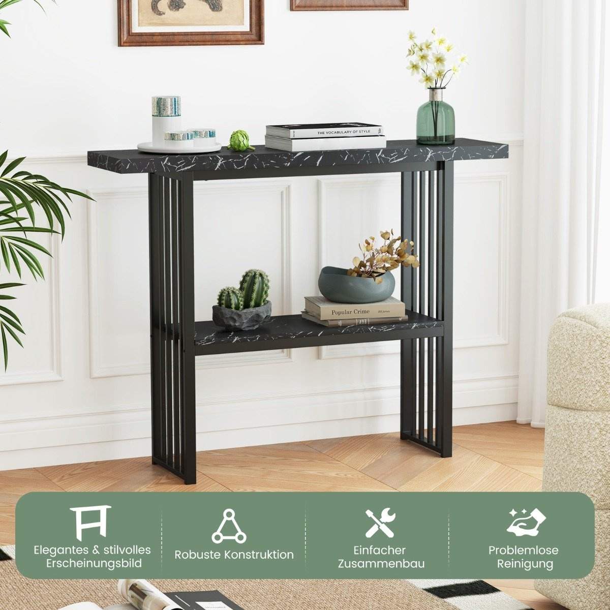 Konsolbord i marmorstil – 2-lags, sort metalstel