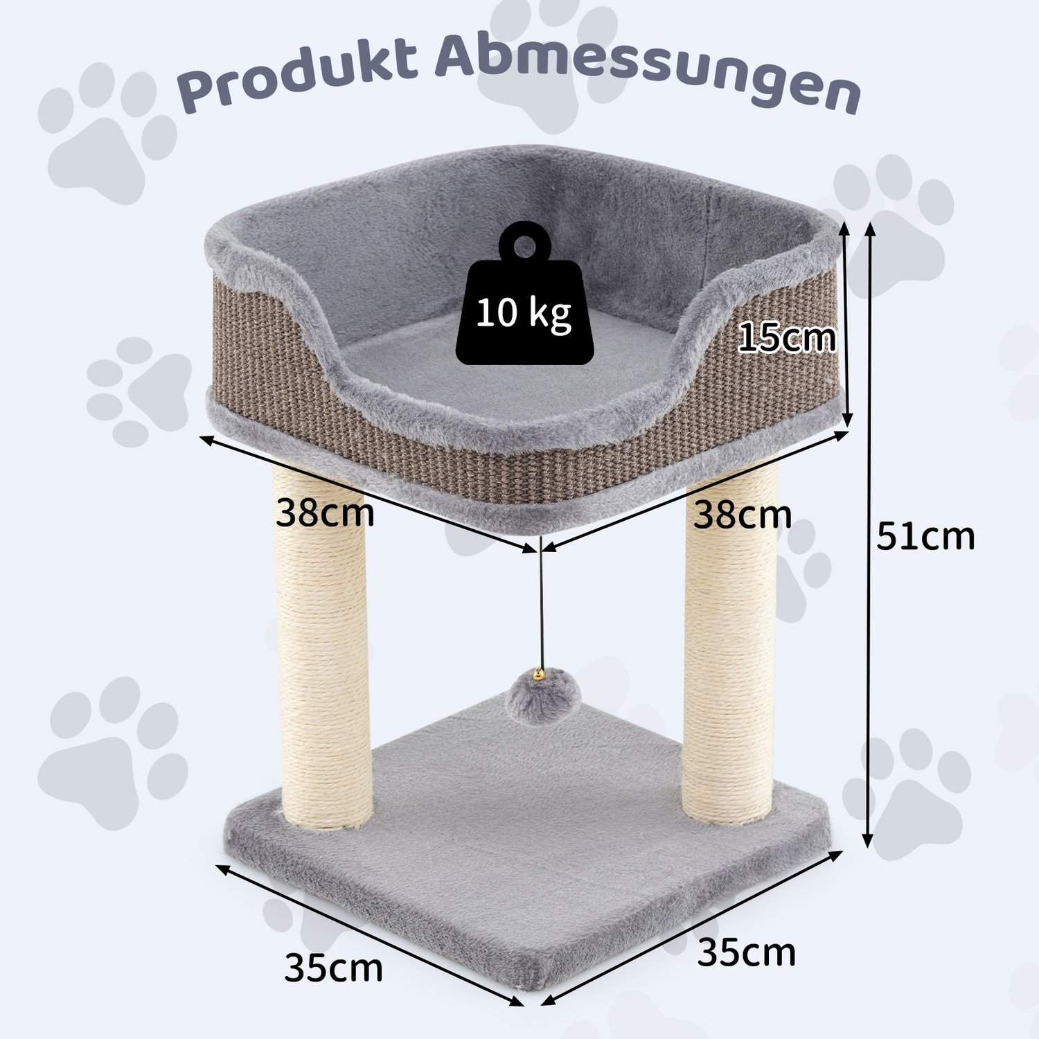 Kattetræ med plyssæde og sisalstolper – 38x38x51 cm, Grå