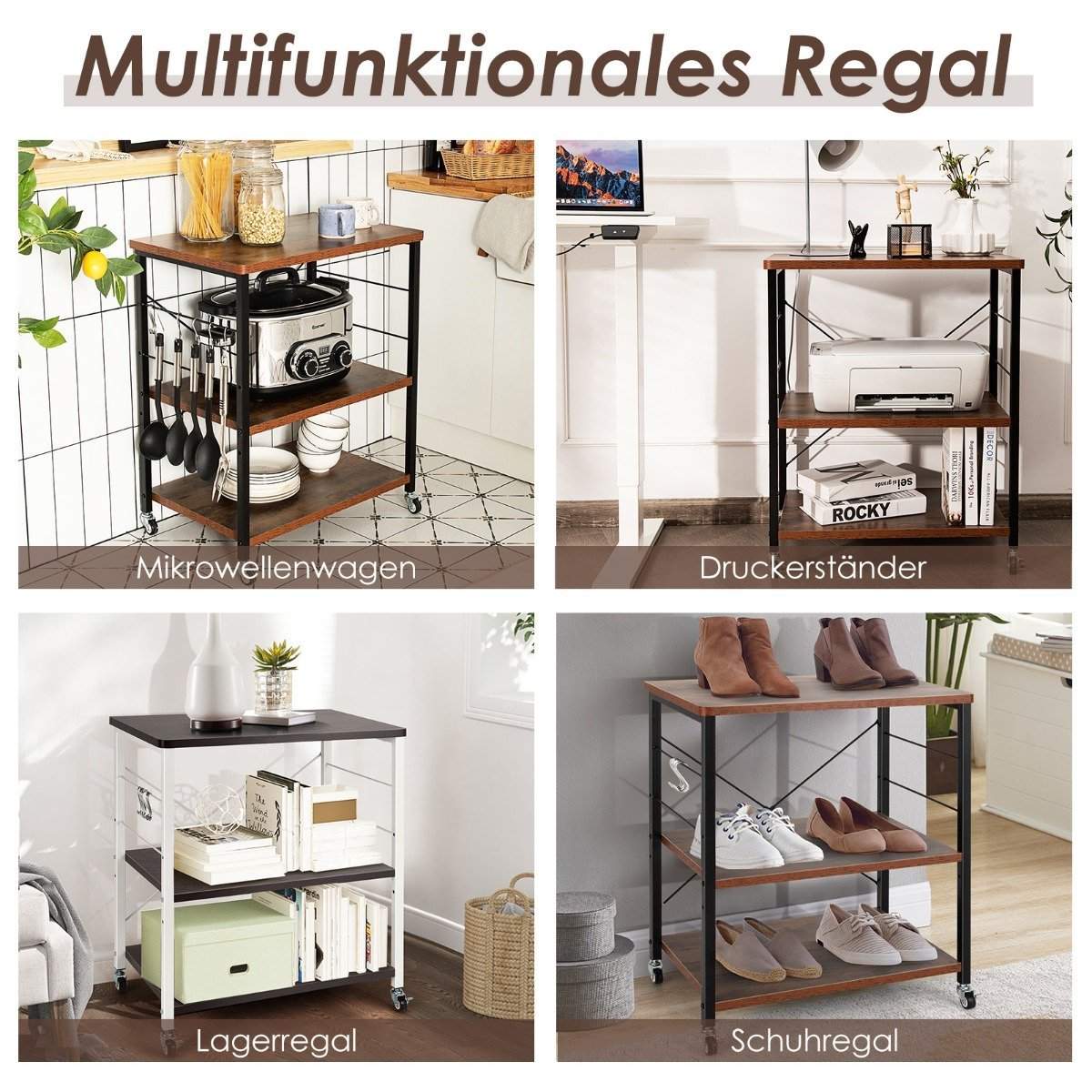 3-trins rullevogn med justerbar hylde og 10 kroge