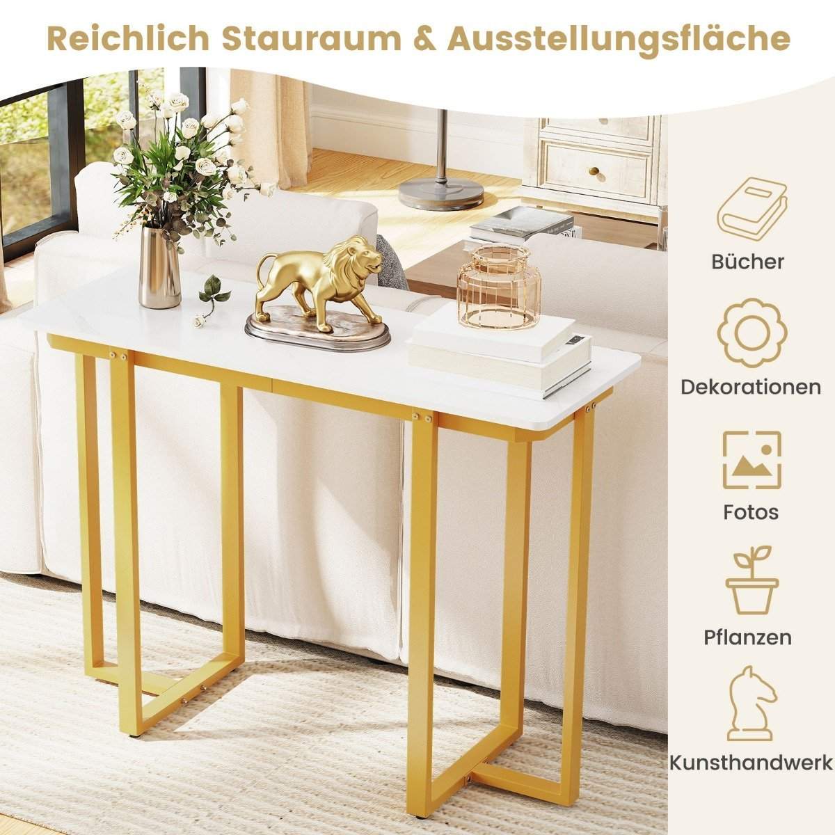 Smalt konsolbord – imiteret marmor, guldramme, 107x40x79,5 cm