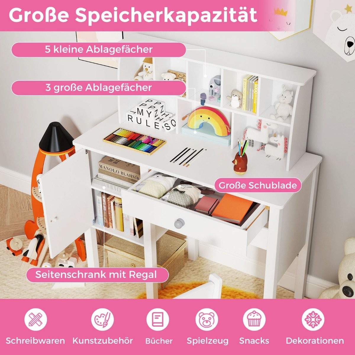 Børneskrivebord og stolesæt – opbevaring, pengeskab, 79x34x91 cm hvid