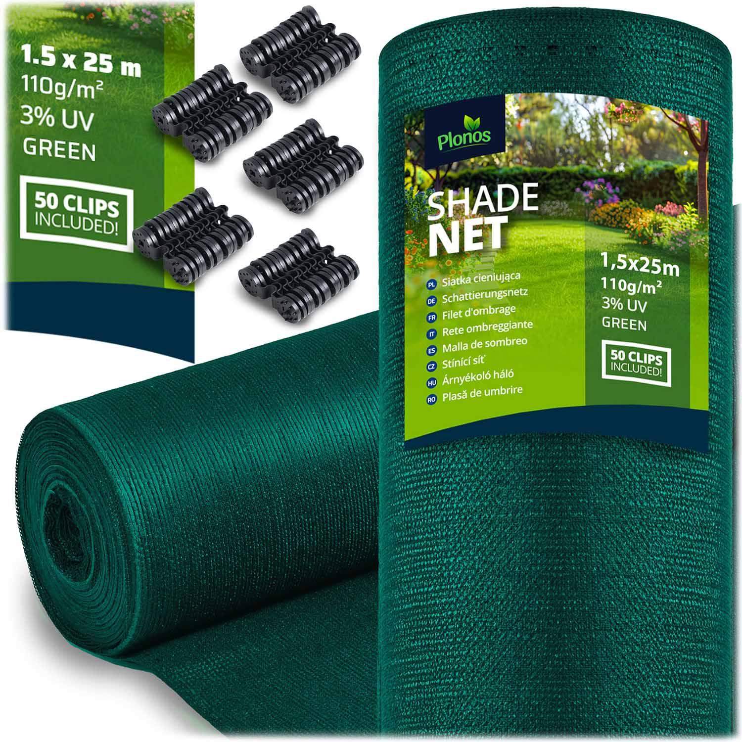 Skyggenet 1,5x25m 110g/m² med 50 grønne clips