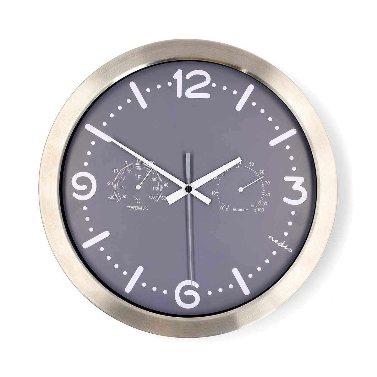 Nedis - Vægur | Diameter: 300 mm | Rustfri Stål | Stille bevægelse | Termometer | Hygrometer | Grå / Metal - CLWA5226SS