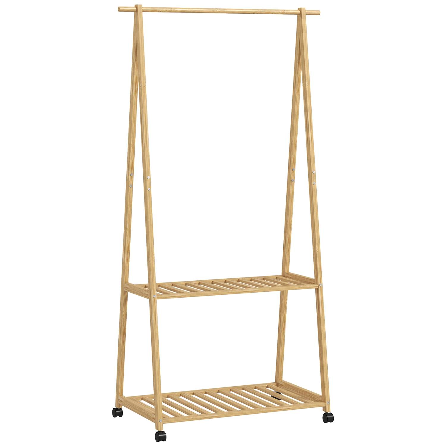 Bambus tøjstativ med hjul – 67 cm skinne, 2 hylder