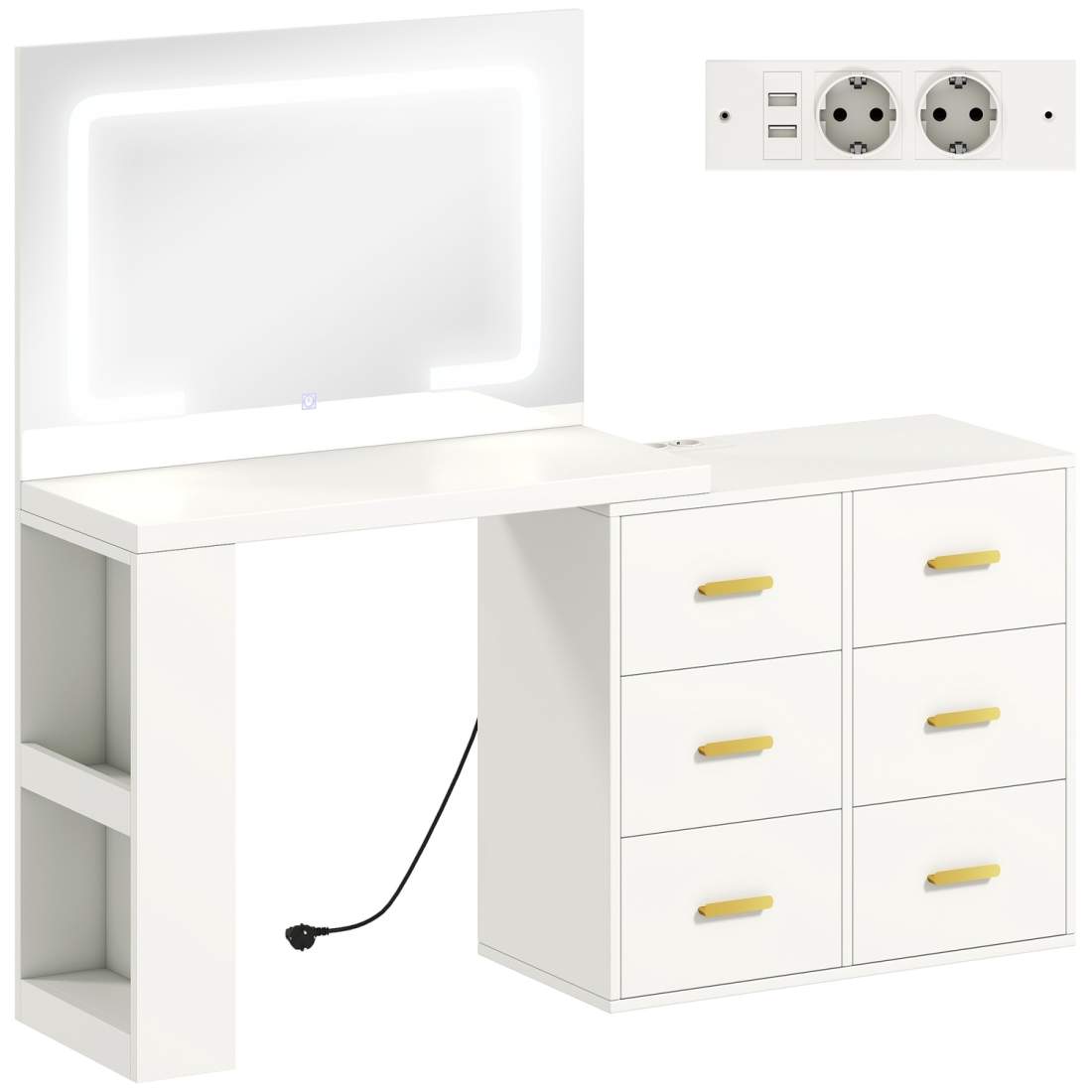 Sminkbord med justerbar LED-spegel, uttag, 6 lådor | Hem & Hobby | Pryloteket