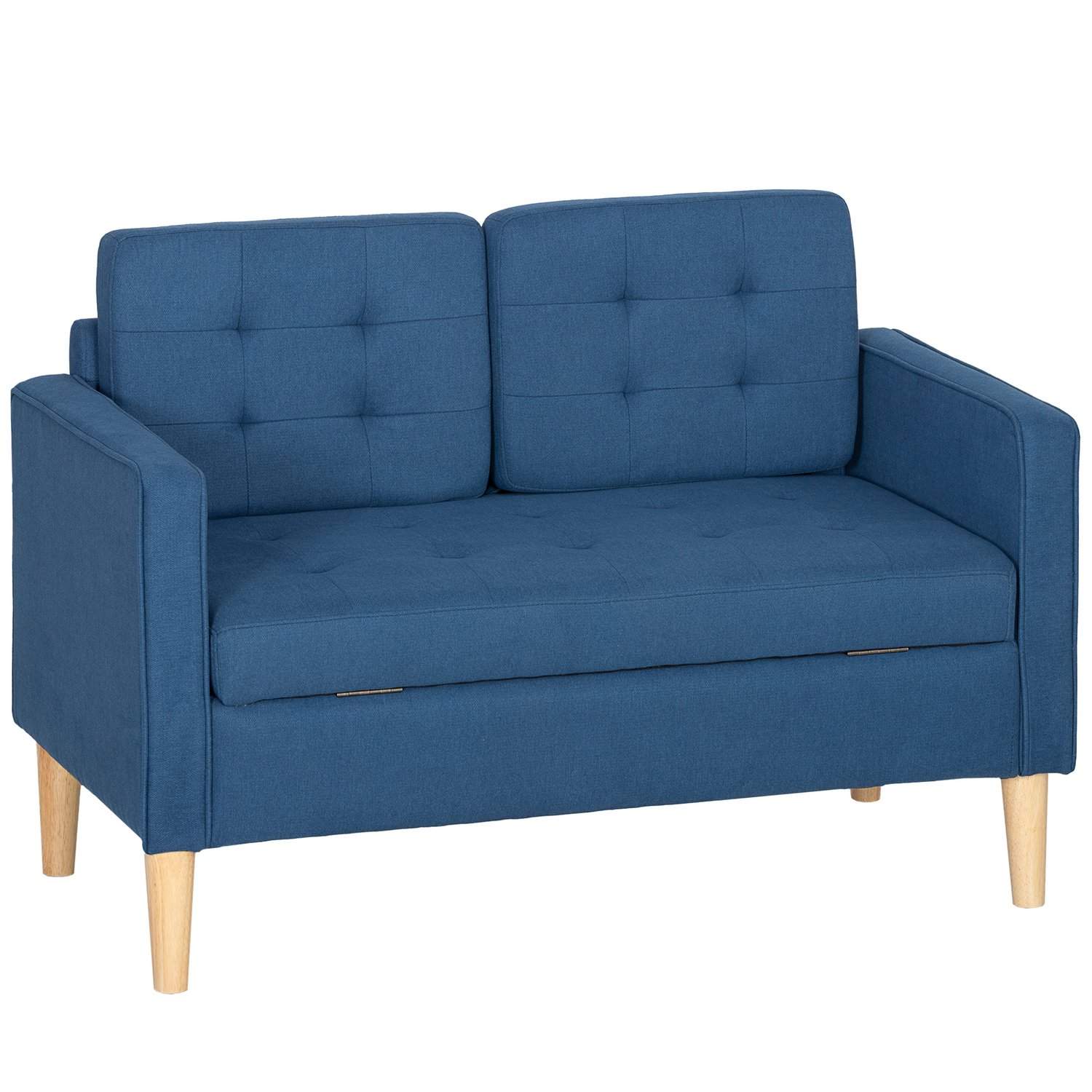 Blå 2-personers sofa med opbevaring, knaptuft, hynder