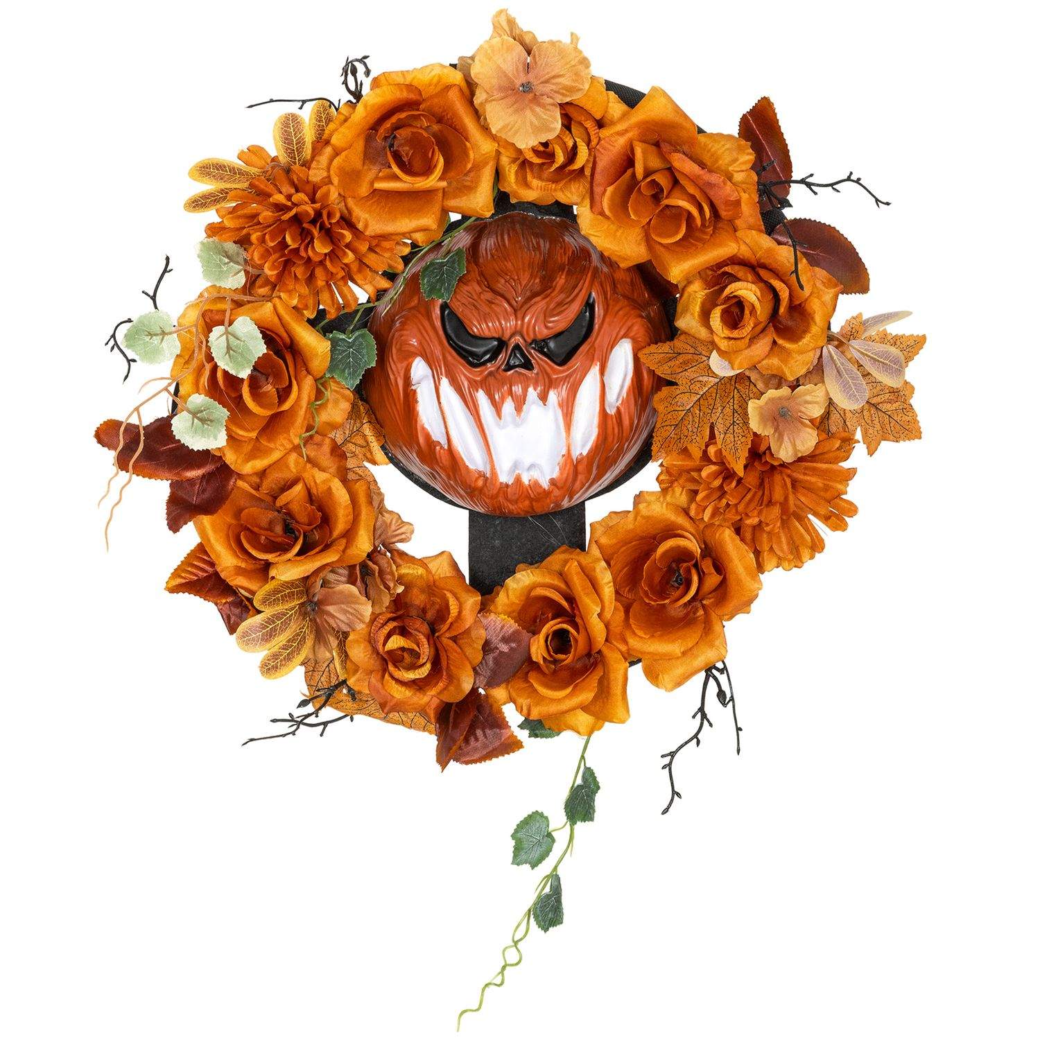 Halloween-krans, uhyggeligt græskar, efterårsblade, lyseffekter