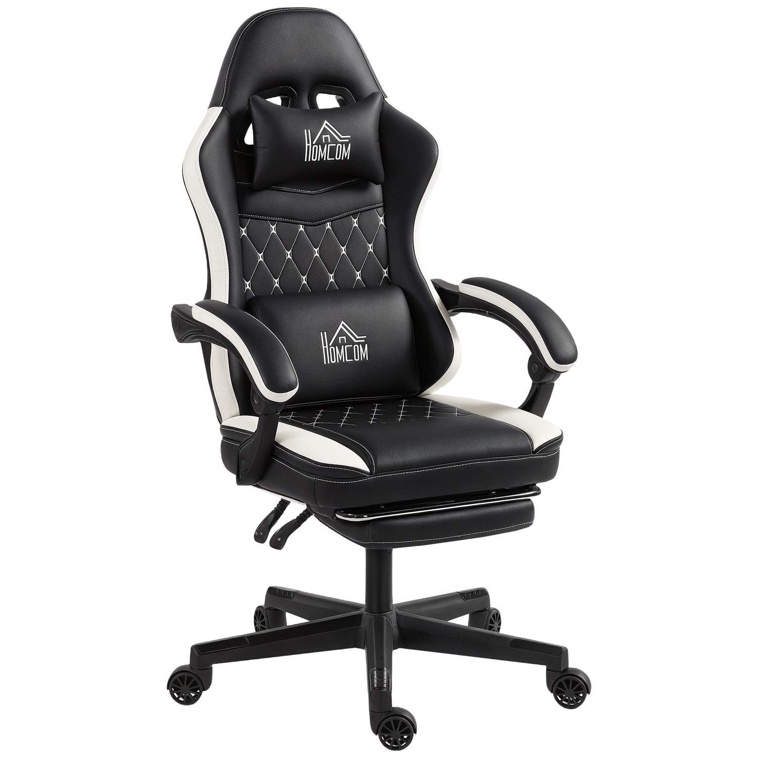 Gamingstol med fodstøtte, nakkestøtte og hynde, sort/hvid