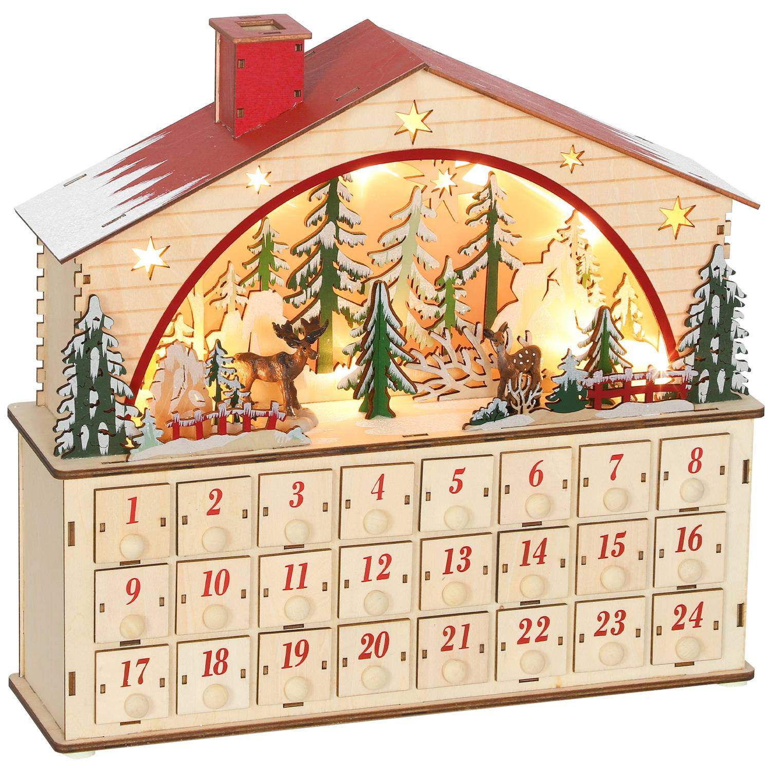 Adventskalender med LED-lys, 24 skuffer, naturtræ