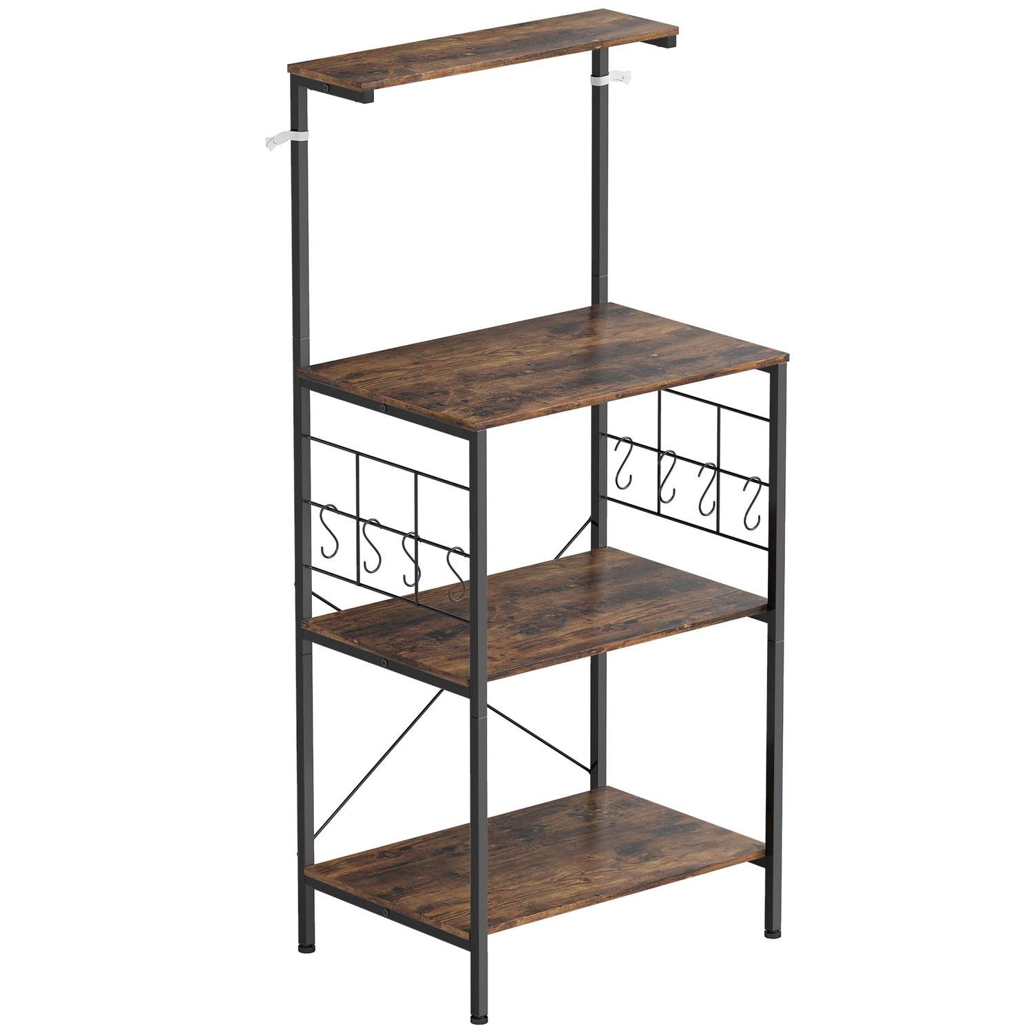 Køkkenhylde, 4-lags, bordplade, 8 kroge, metal, brun/sort