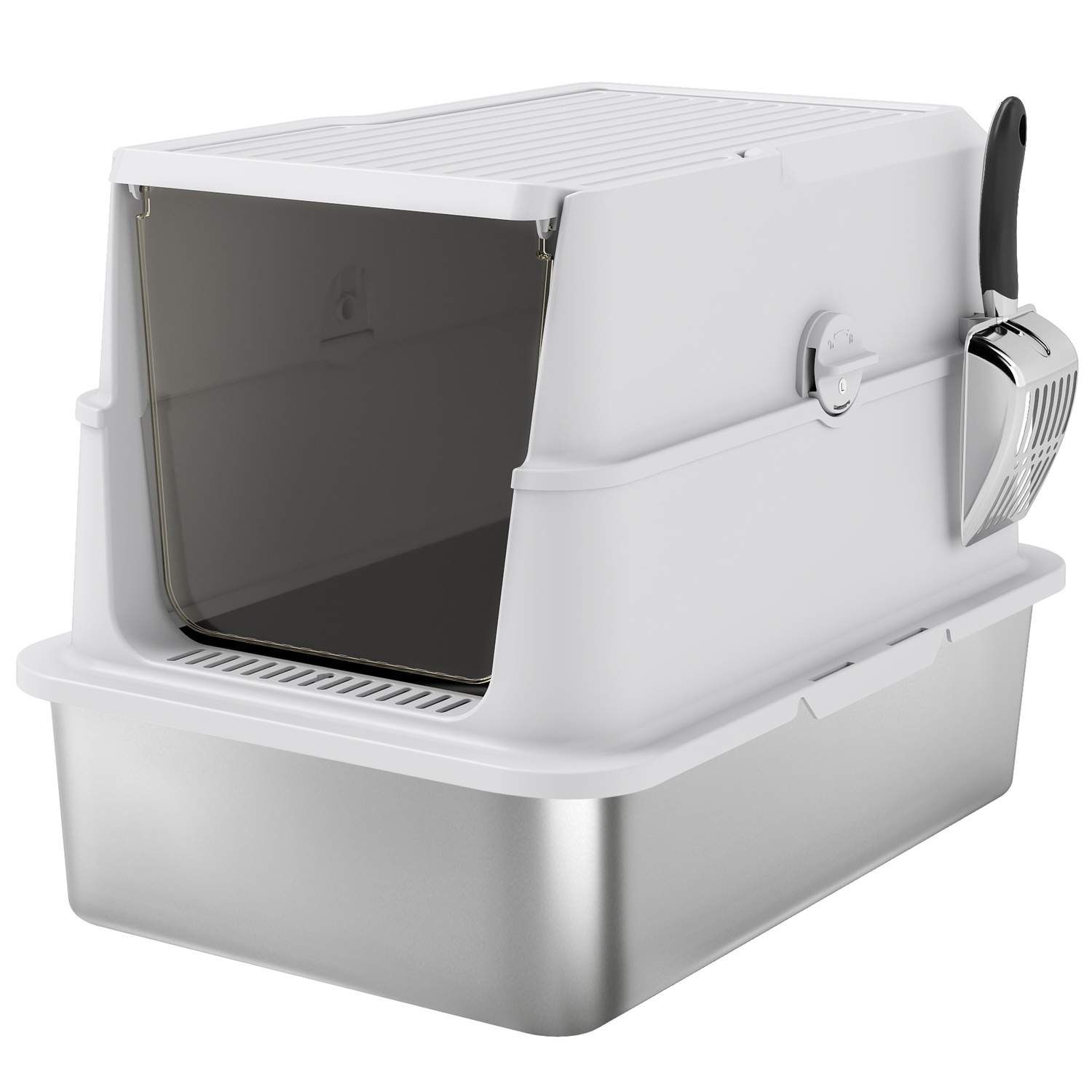 XL kattebakke i rustfrit stål, medfølger ske, lysegrå