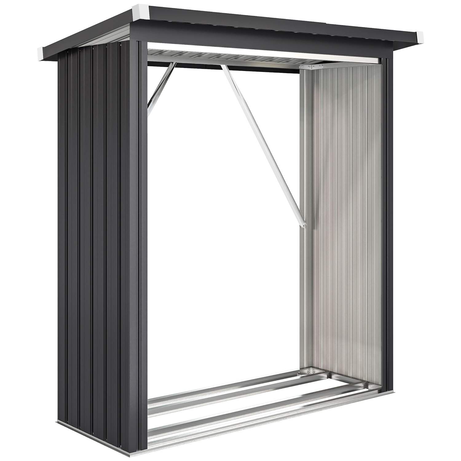 Brændeskur, stål, hævet gulv, skrånende tag, mørkegrå