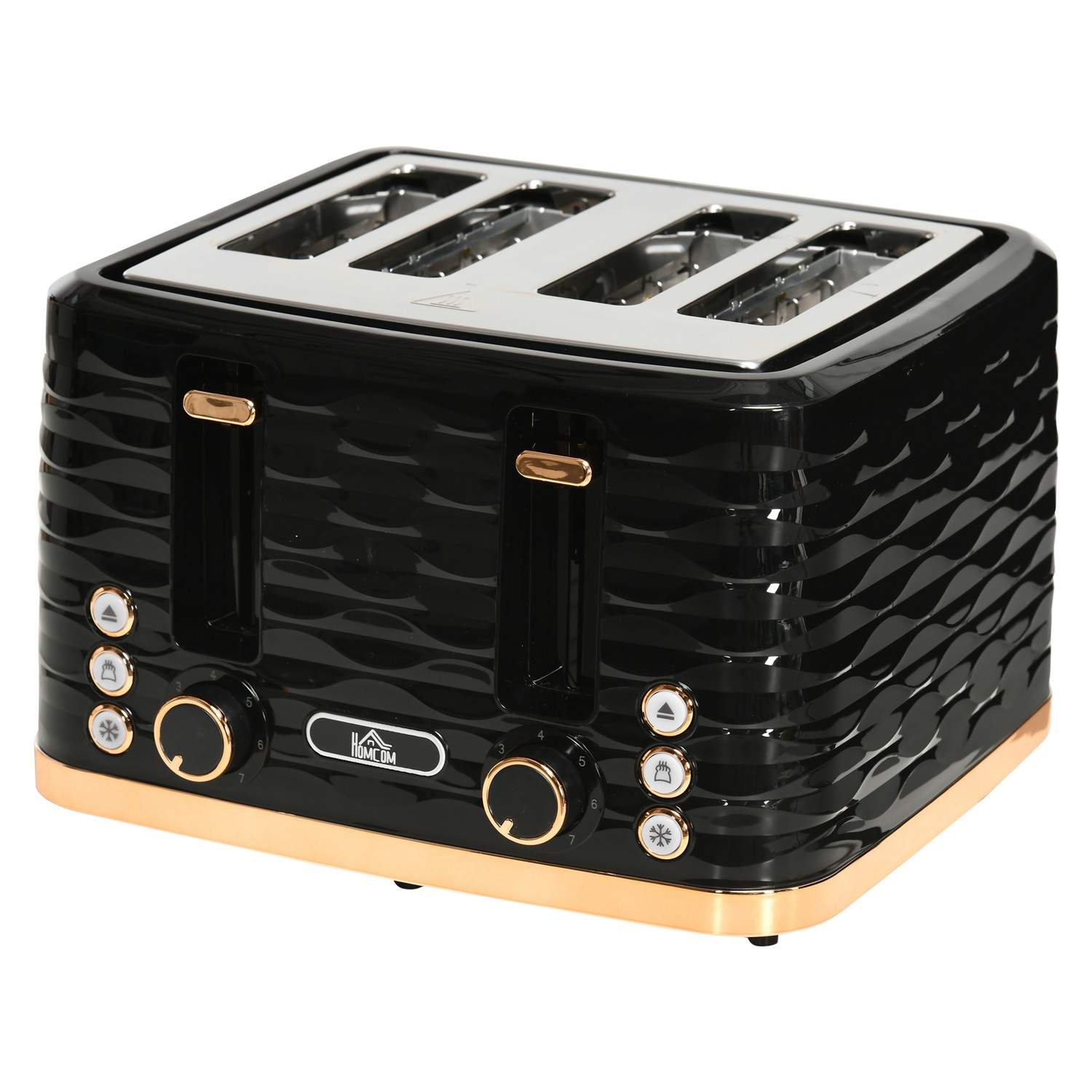 4-skivers brødrister, bølgedesign, multifunktion, sort