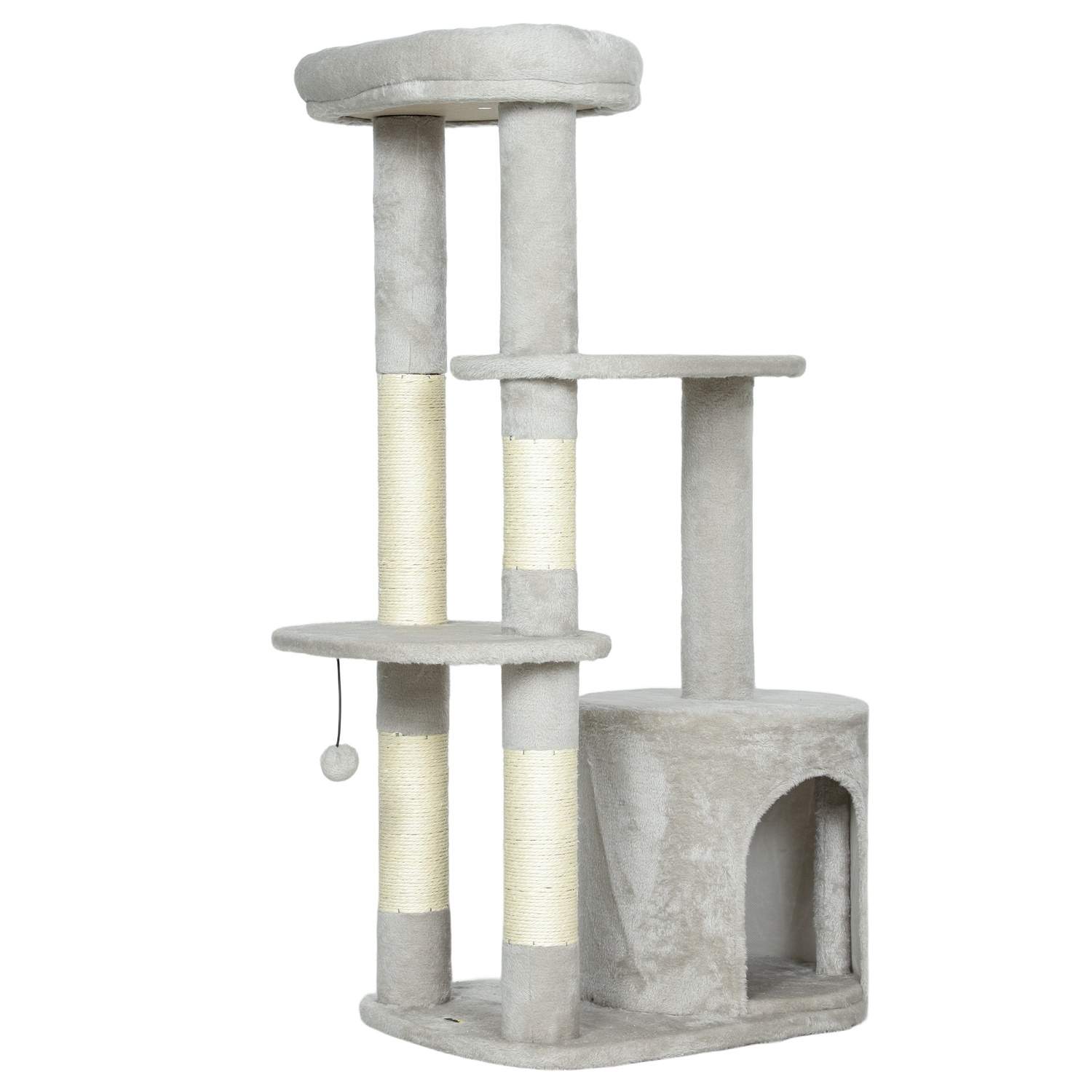 Kattetårn 114 cm, i flere niveauer med sisalstolper, lysegrå