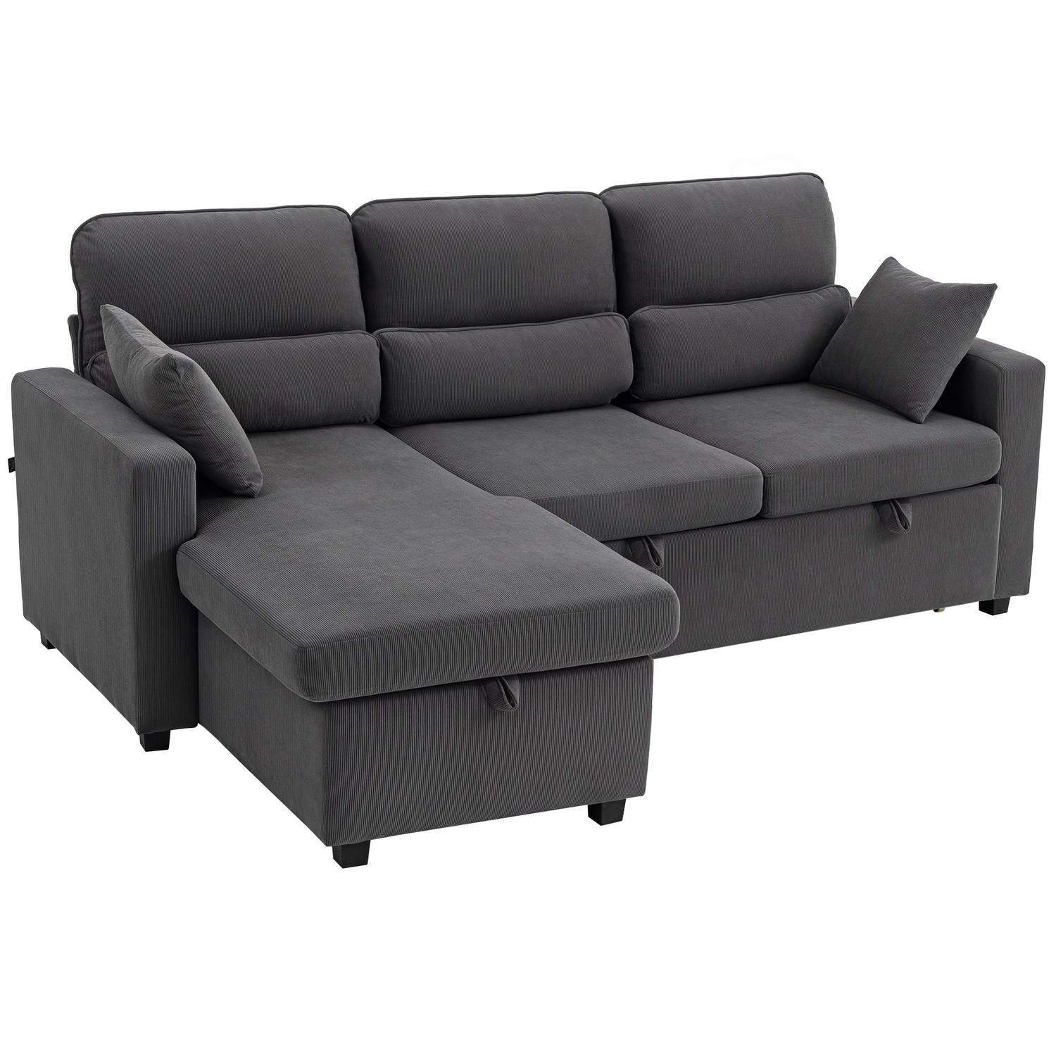 Justerbar L-formet sovesofa med opbevaring, mørkegrå