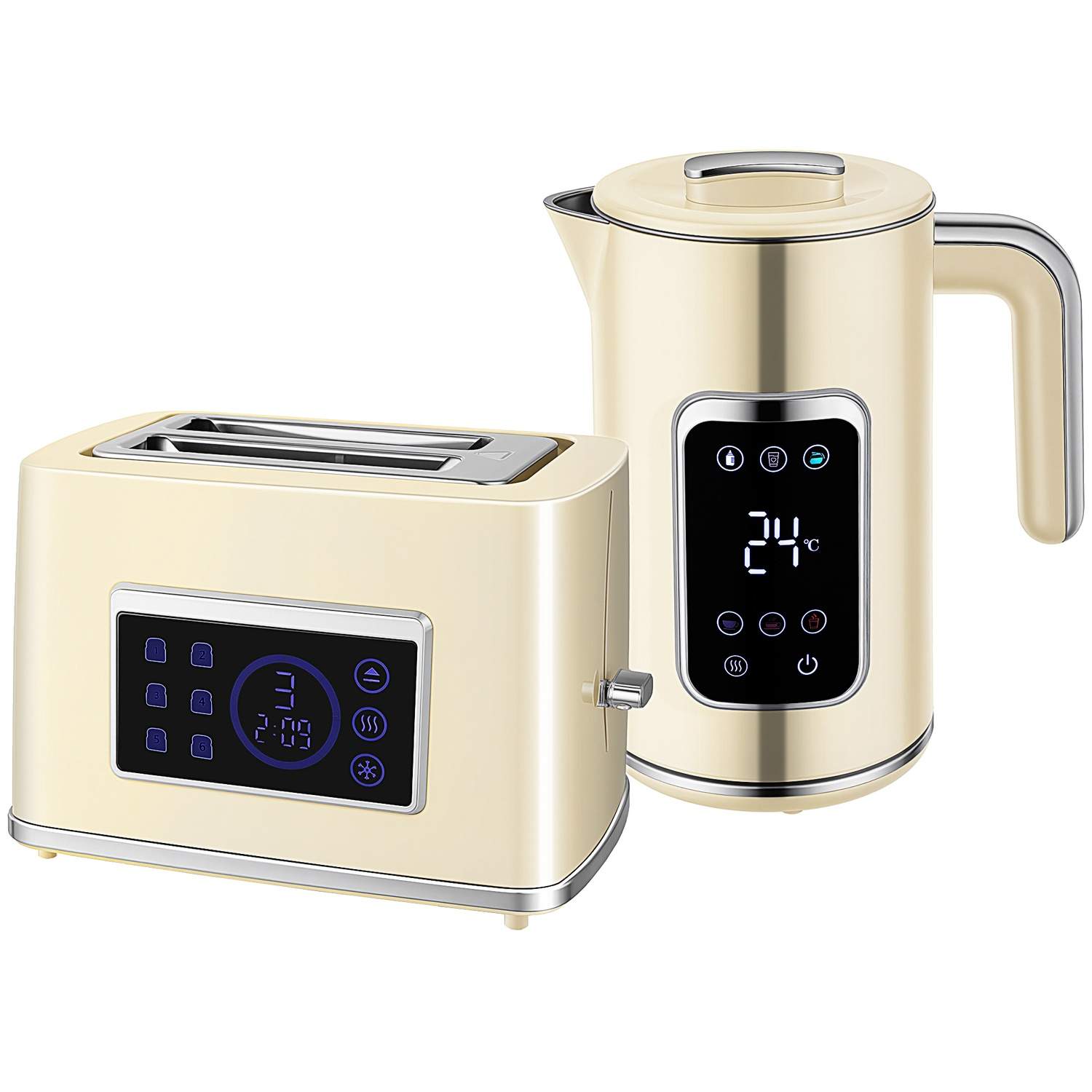 Elkedel- og brødristersæt, LED Touch, 1,7L, 2 riller, cremefarvet