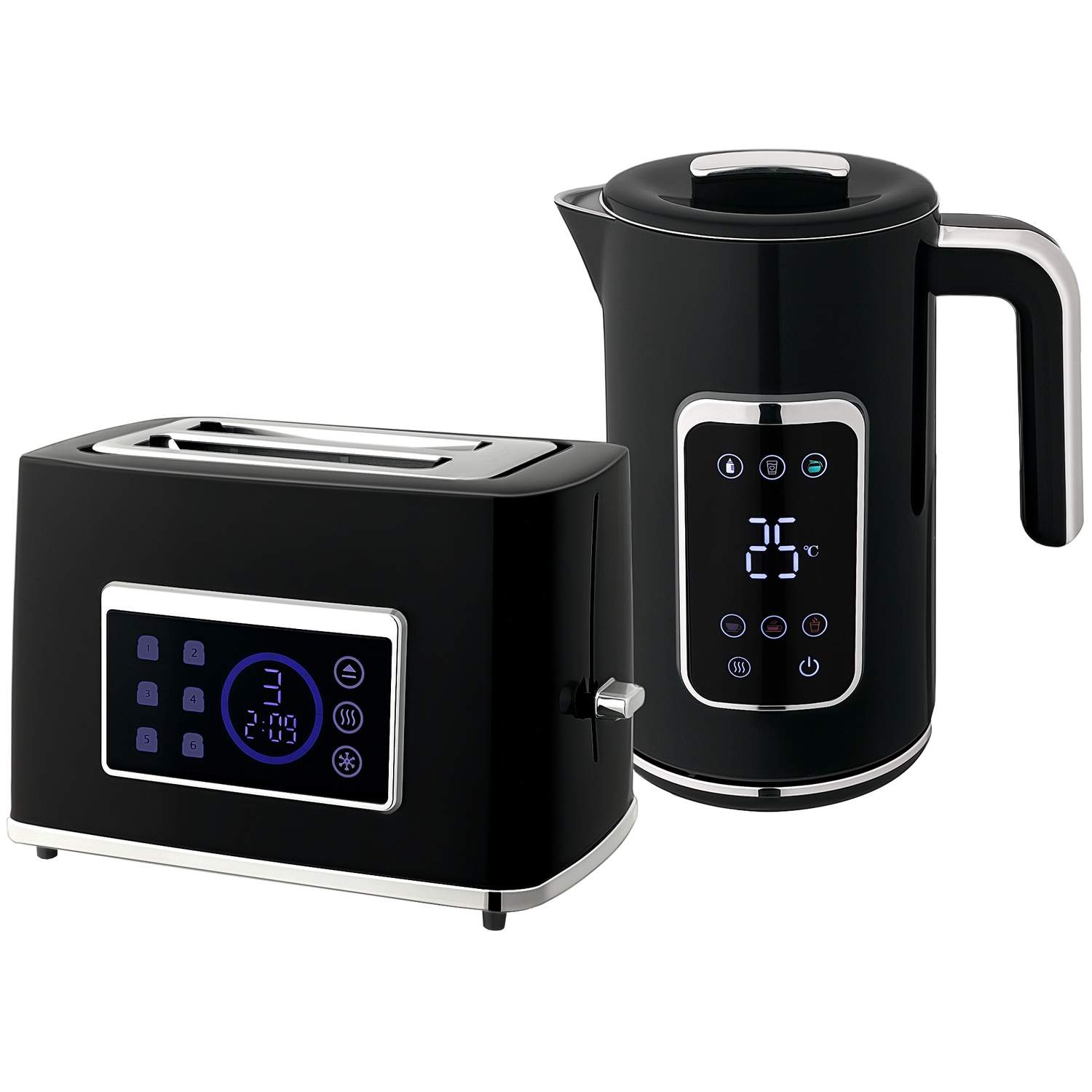 Elkedel- og brødristersæt, LED Touch, 1,7L, 2 åbninger, sort