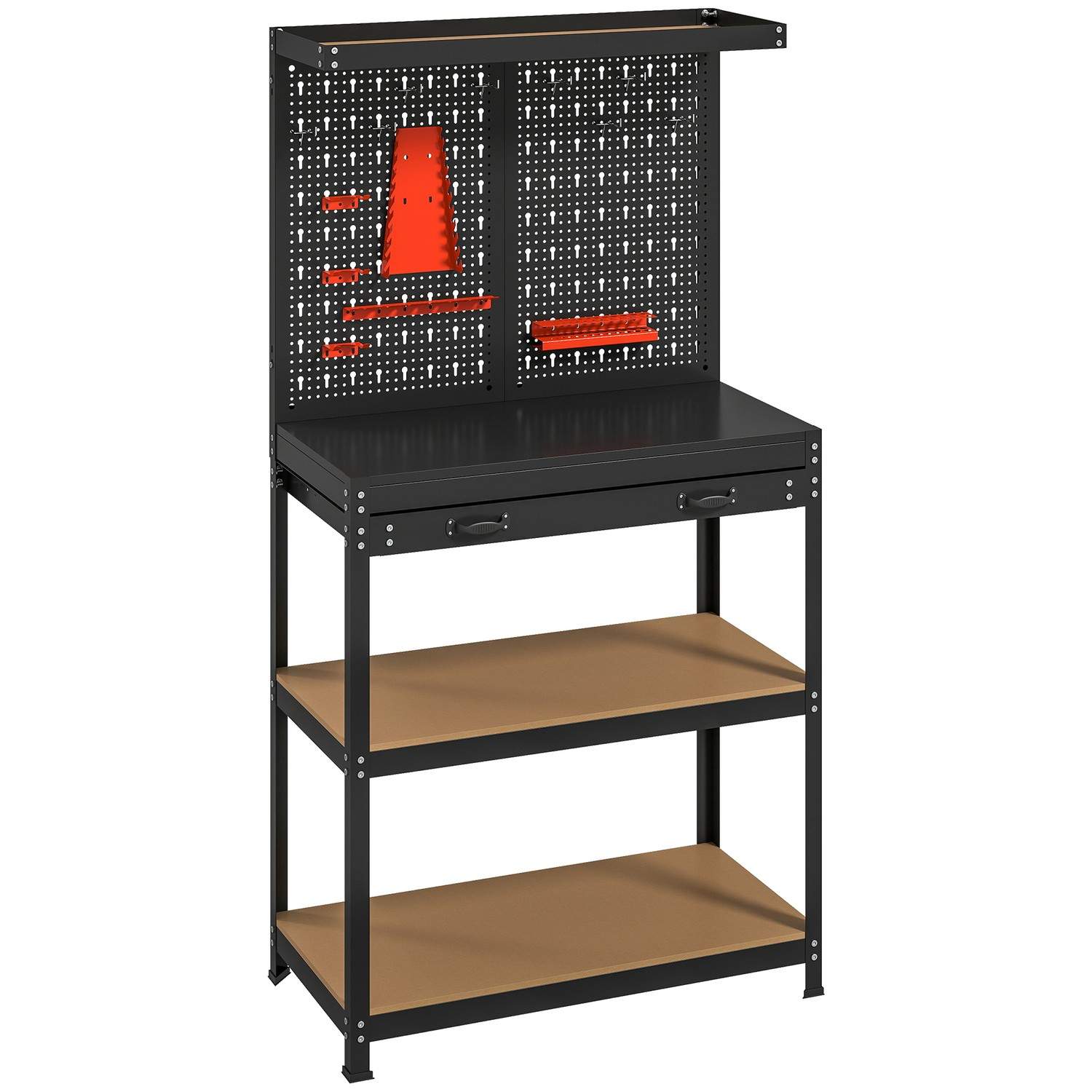 Arbejdsbænk med hulplade, kroge, skuffe og hylder, sort