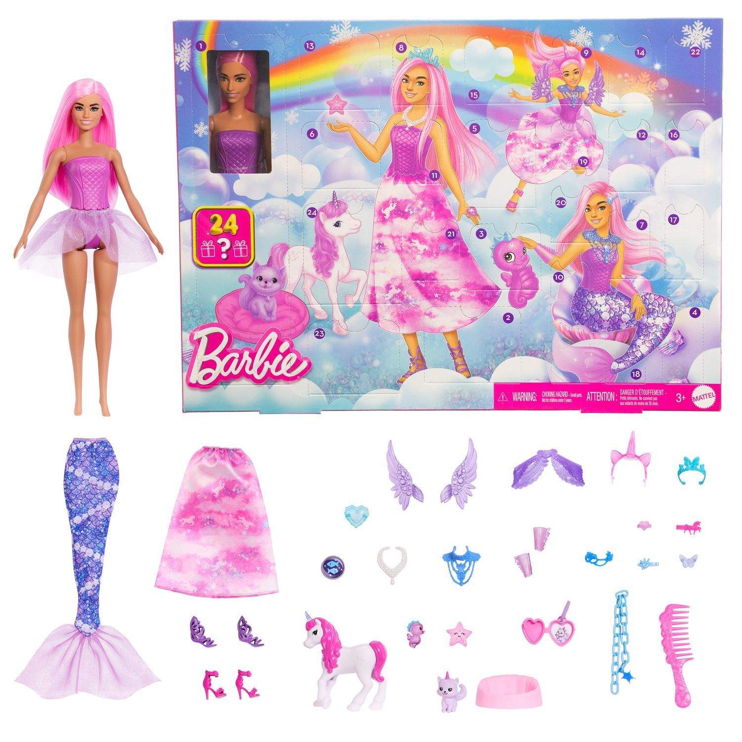 Barbie-fantasiajoulukalenteri nukella ja 24 tarvikkeella