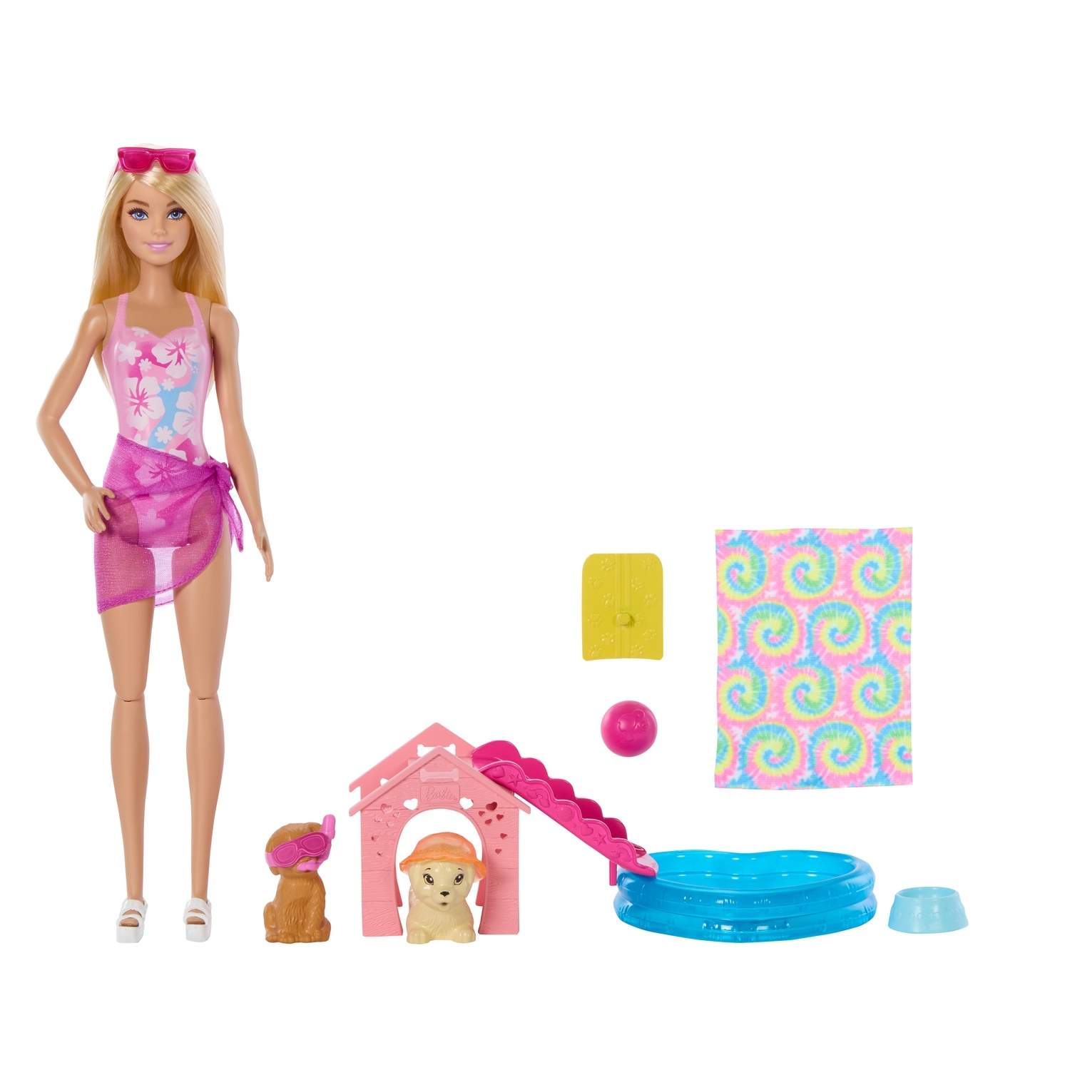 Barbie Poollegesæt med farveskiftende hunde og rutsjebane
