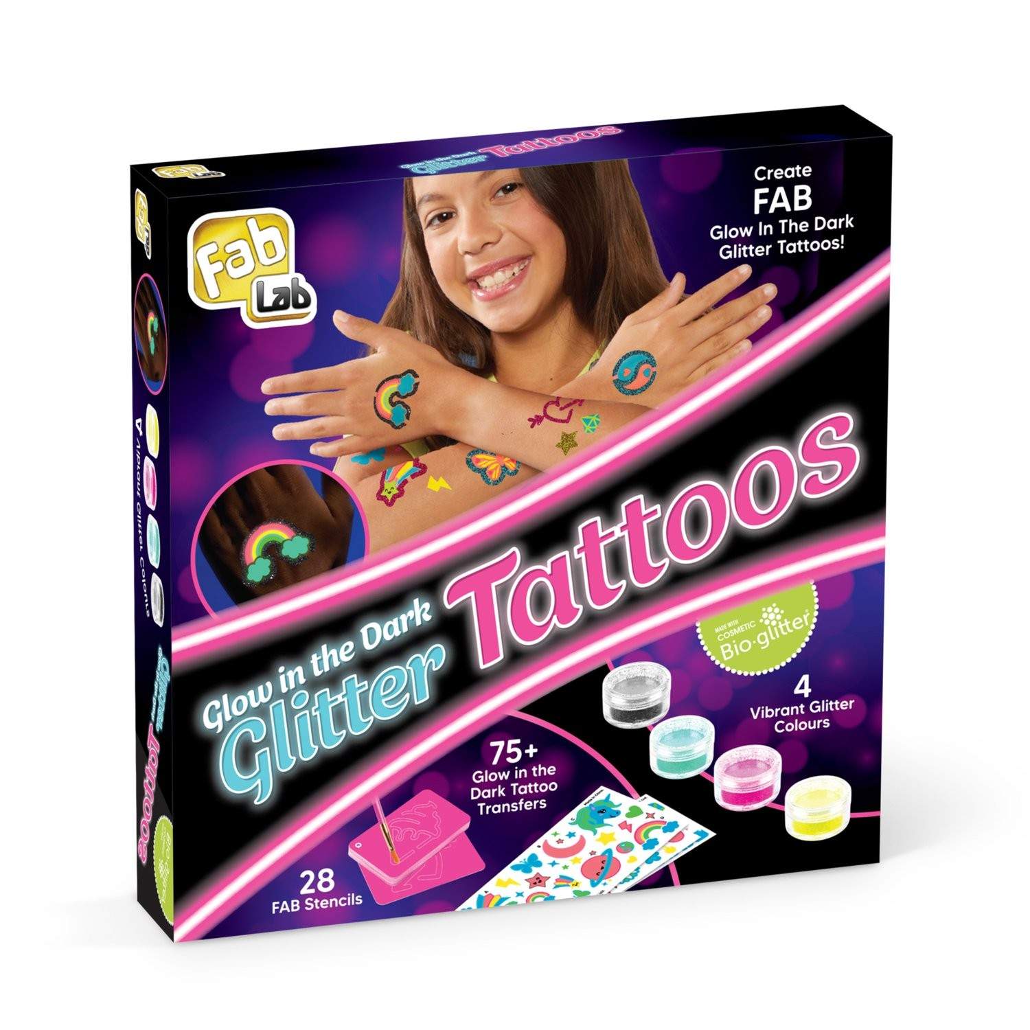 Glittertatoveringer der lyser i mørket, 75+ designs, nem fjernelse