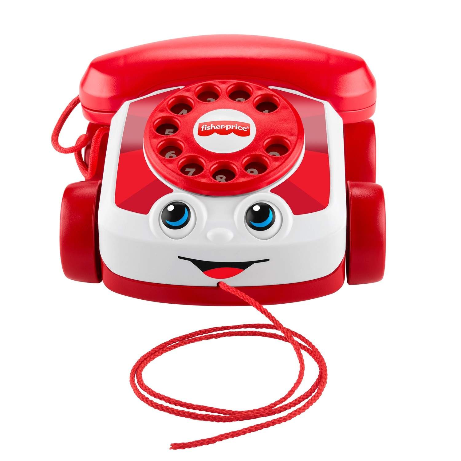 Rubinrød Chatter-telefonlegetøj, klassisk urskive og bevægelige øjne