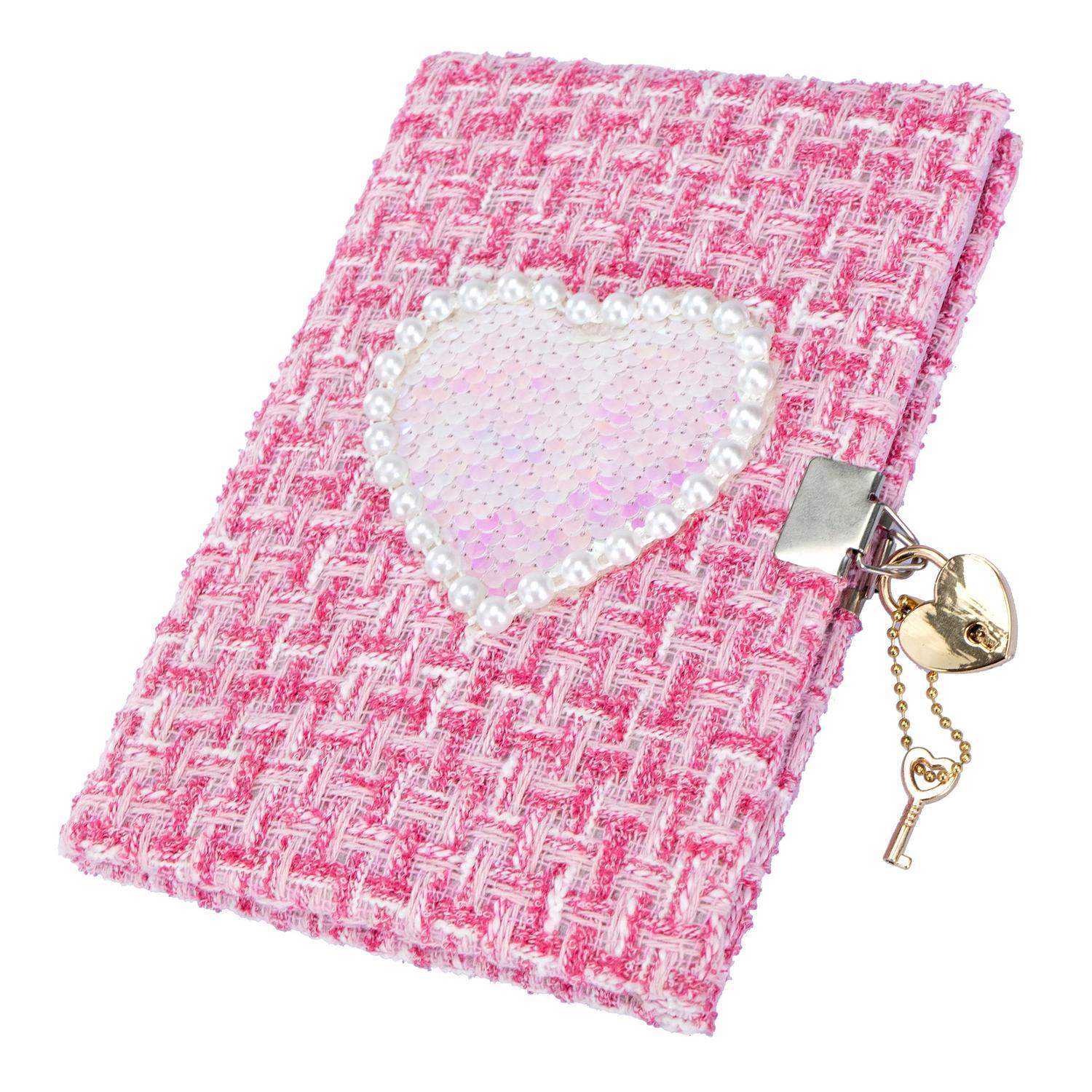 Tweed notesbog med pailletter og lås, 22x28 cm