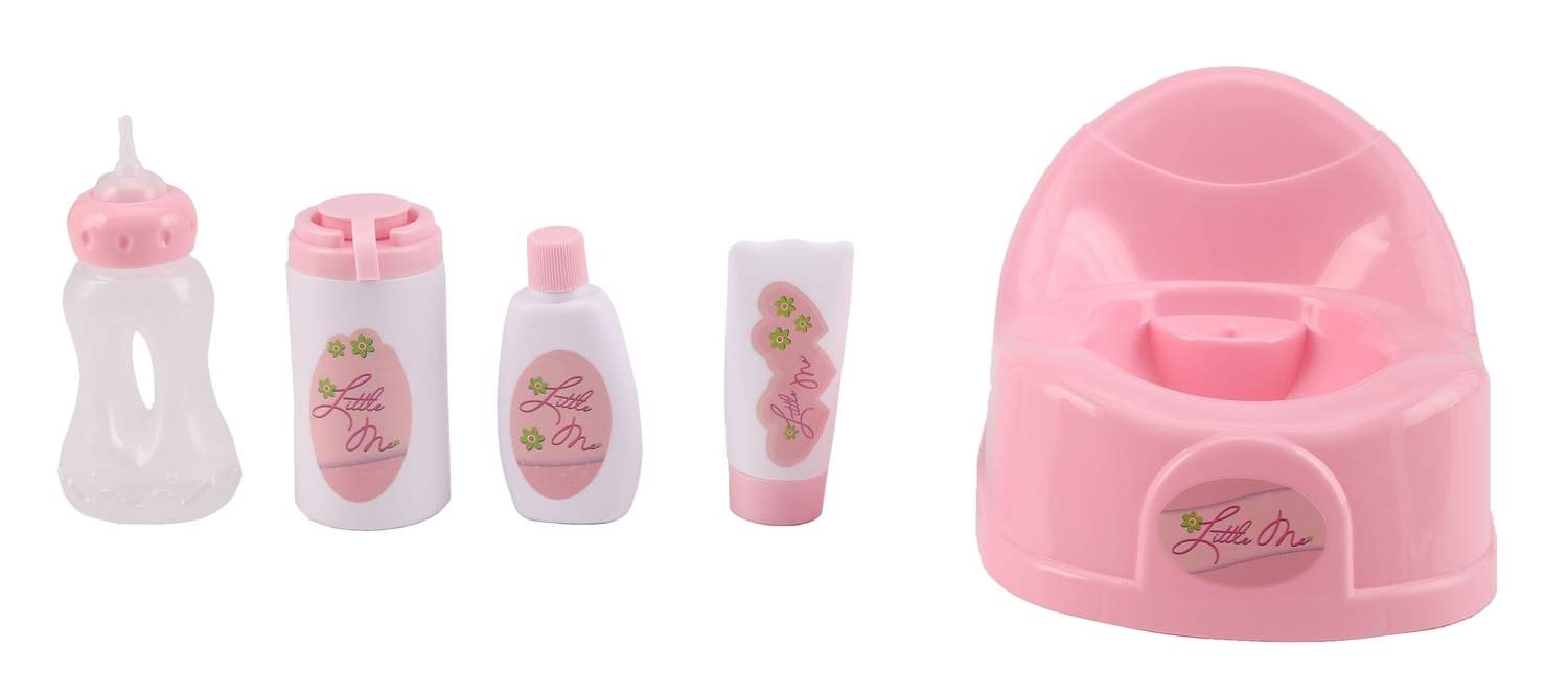 Dukkepottesæt med flaske og tilbehør, lyserød