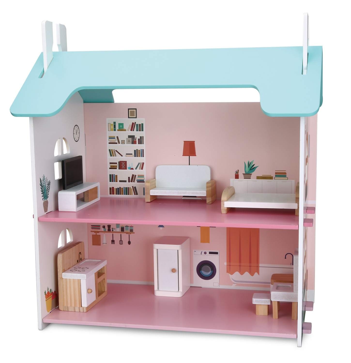 Trædukkehus med møbler, to-etagers, 45x42x23 cm