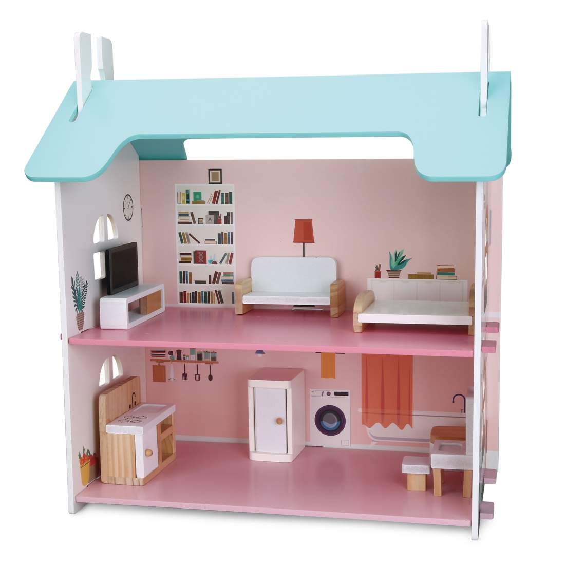 Trädockhus med möbler, tvåvåningshus, 45x42x23 cm | Hem & Hobby | Pryloteket