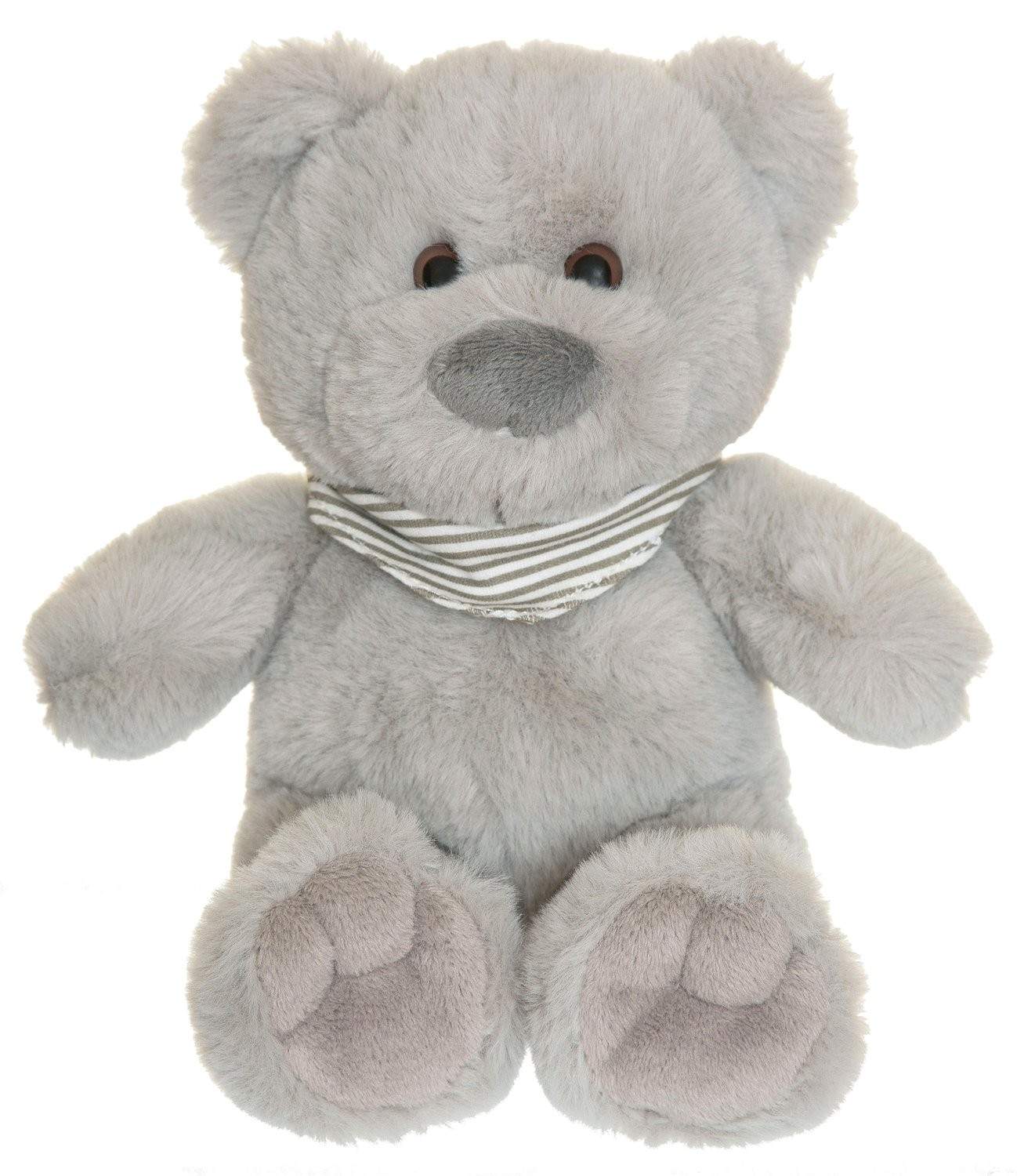 Grå bamse, 25 cm, blød pels og økologisk tørklæde
