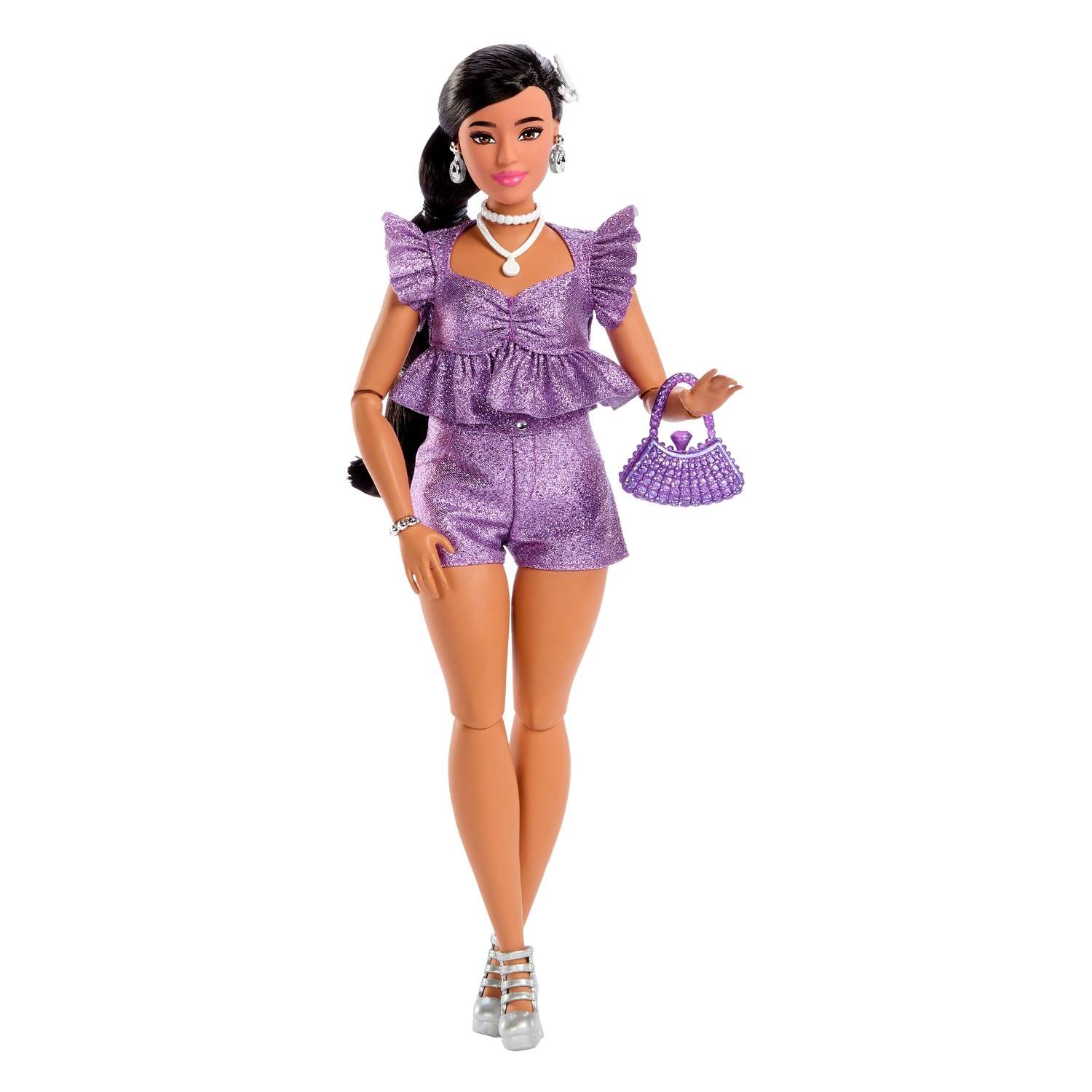 Barbie modedukke med lilla glittertop og shorts billede