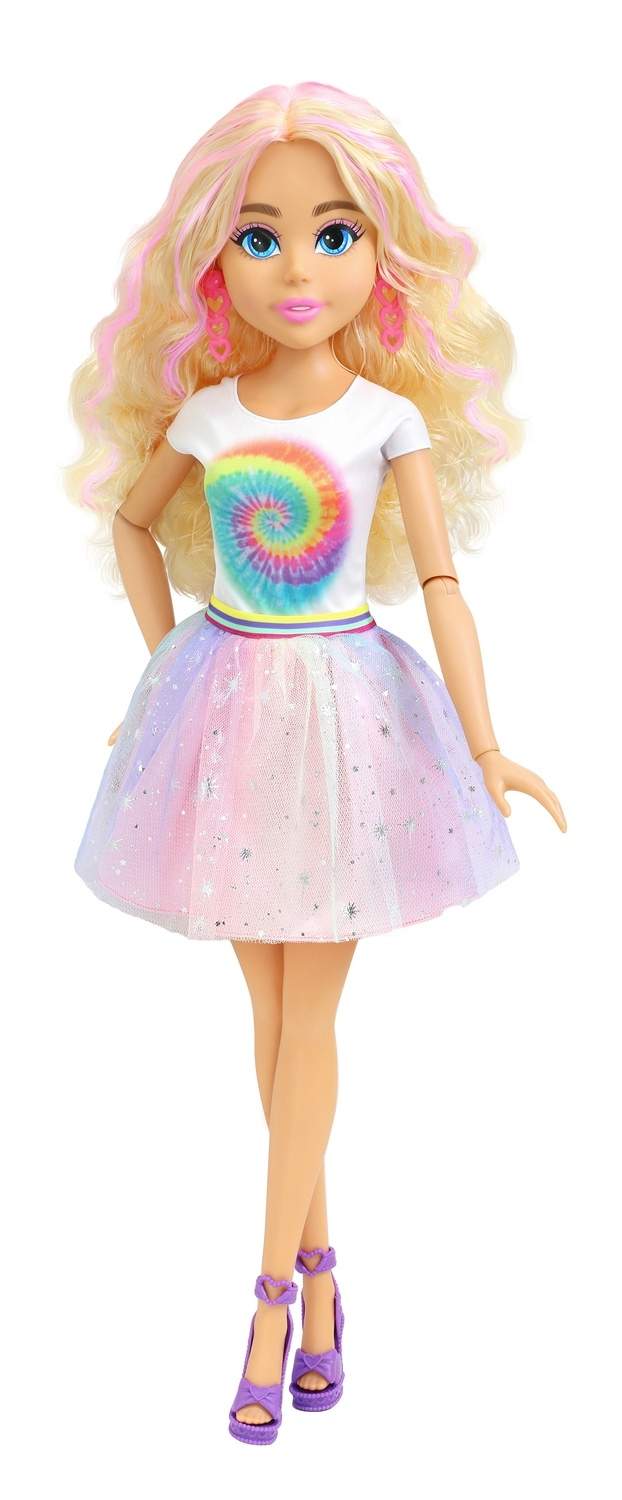 Modedukke 70 cm, glitternederdel og lyserøde striber