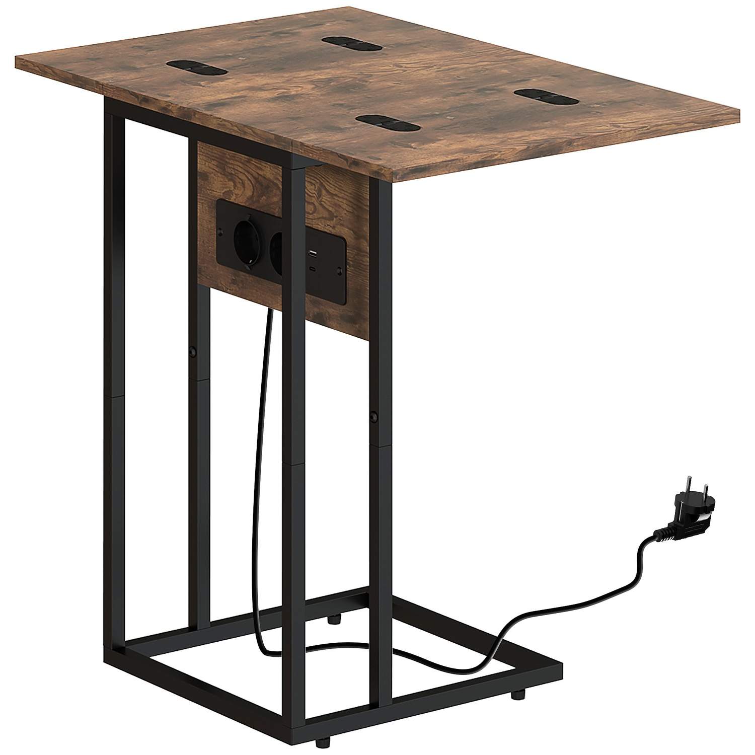 Sammenklappeligt sidebord med USB-porte, metal, 39x29x57 cm, brun