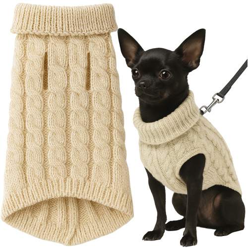 Hunde- og kattetrøje, varm beige rullekrave, størrelse S
