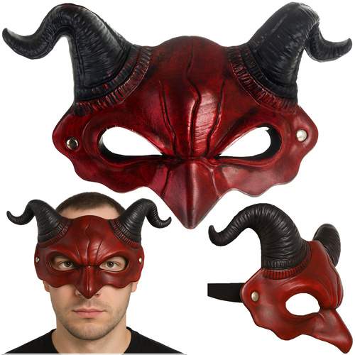 Djævle Halloween-maske med horn, rød og sort, letvægts