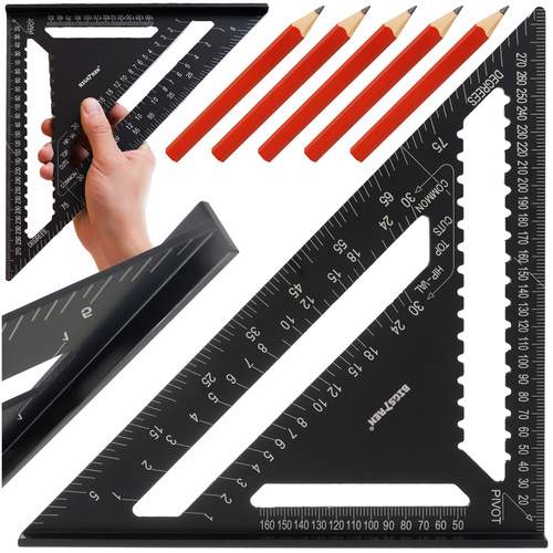 Tømrervinkel 30x30cm, aluminium, 5 blyanter inkluderet