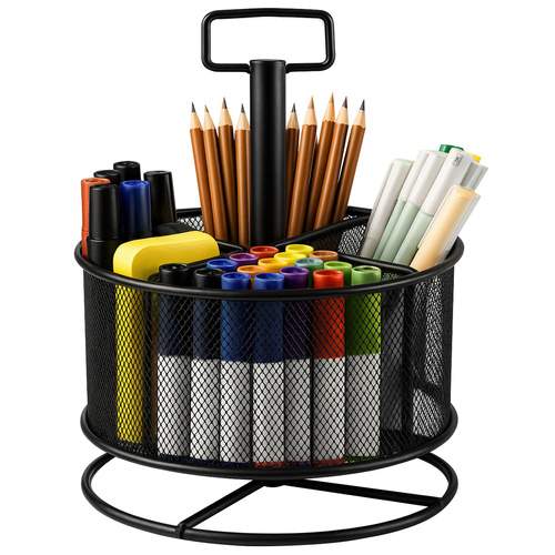 Roterende metal skrivebordsorganisator, sort net, 4 rum