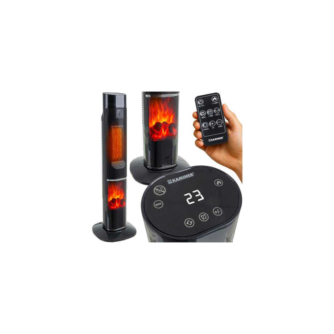 Elektrisk pelarvärmare, 2000W, öppen spiseffekt, fjärrkontroll | Hem & Hobby | Pryloteket