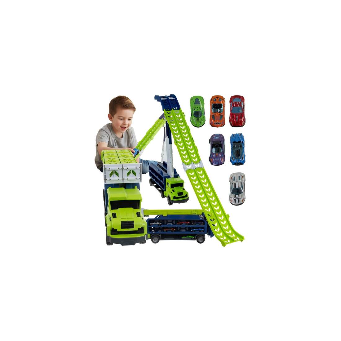 Barnens lastbilsrutschkana med 6 metallbilar och friktionsdrift | Hem & Hobby | Pryloteket