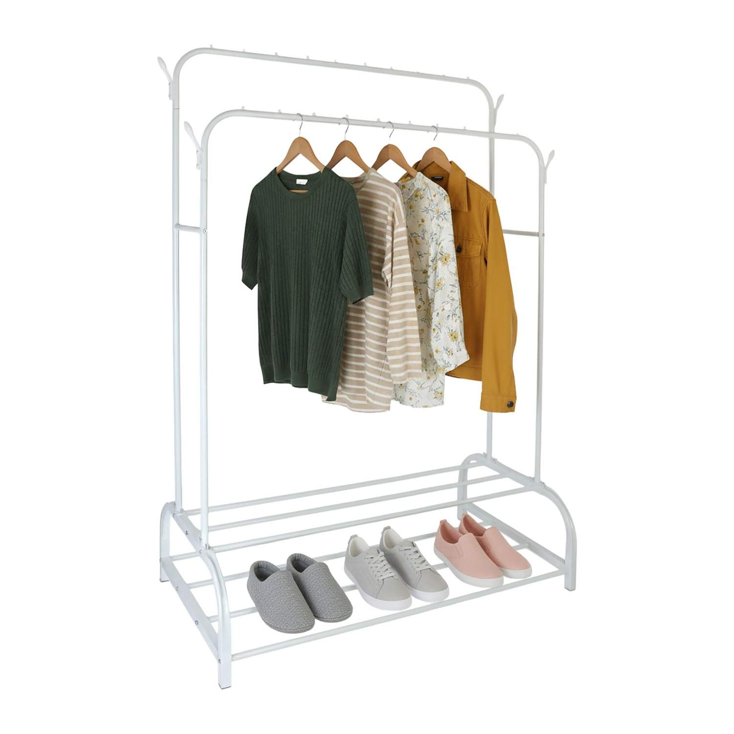 Dobbelt jerngarderobe – 2 stænger, 2 hylder, fritstående