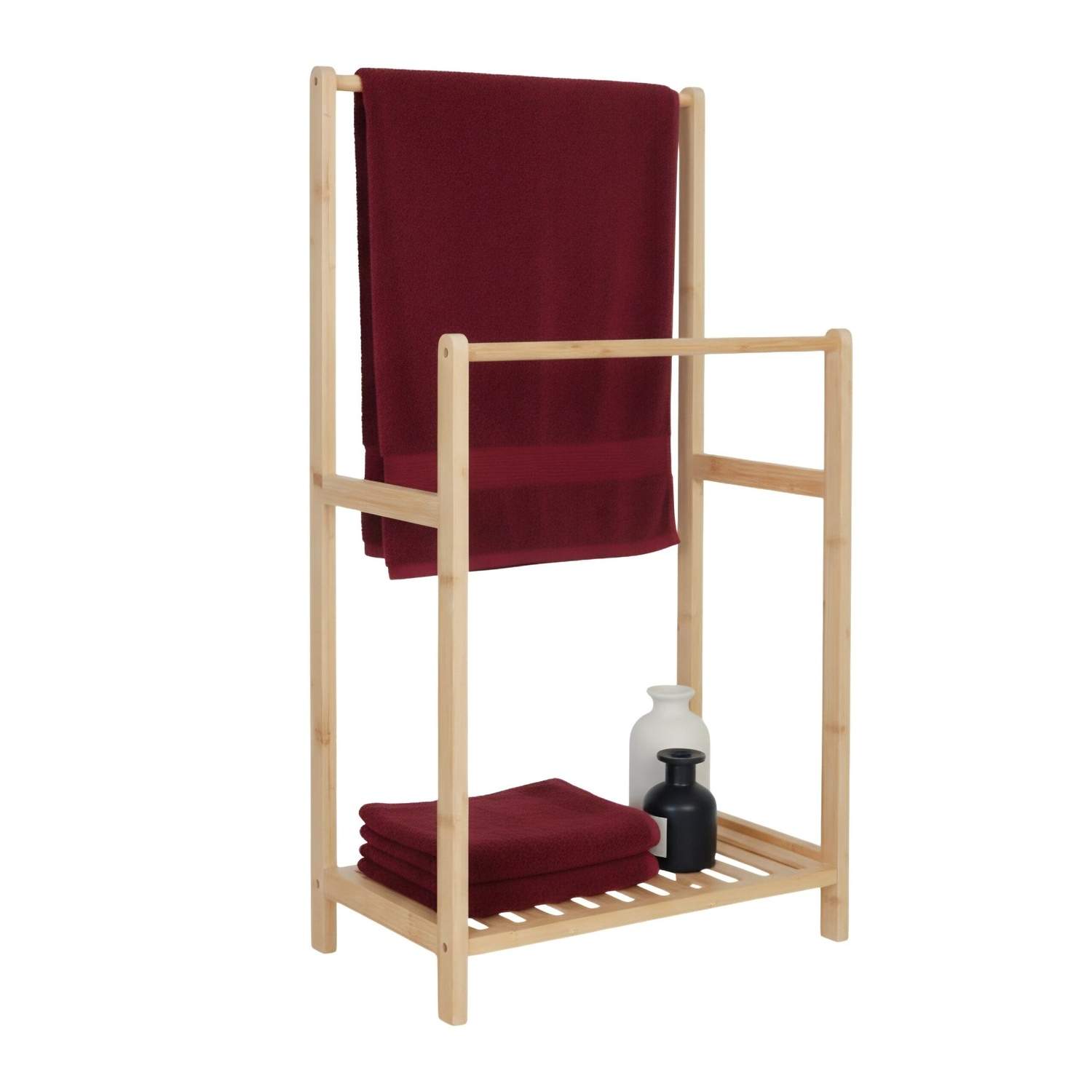Bambus håndklædestativ – 2 stænger og hylde, fugtafvisende