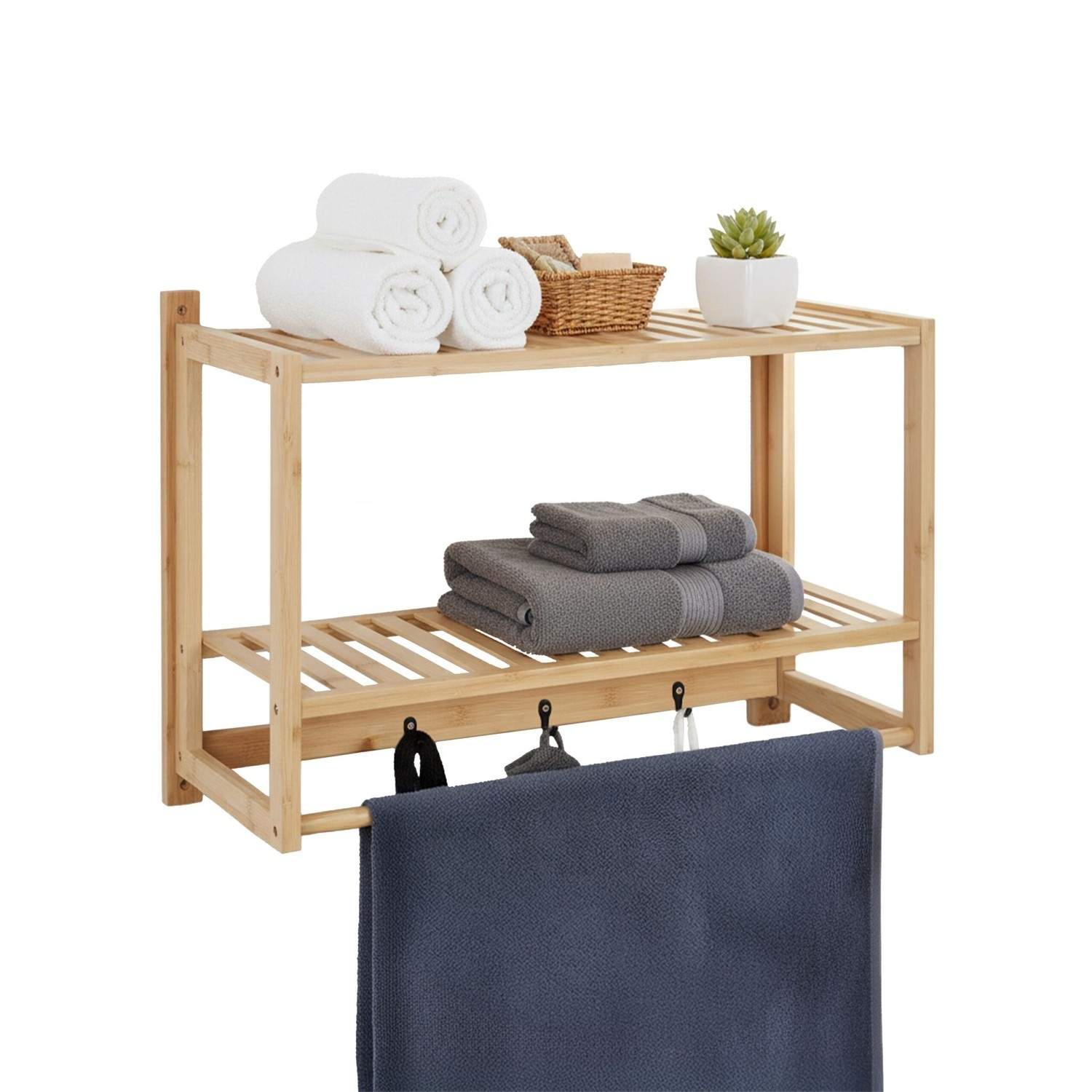Bambus badeværelseshylde med håndklædestang og kroge