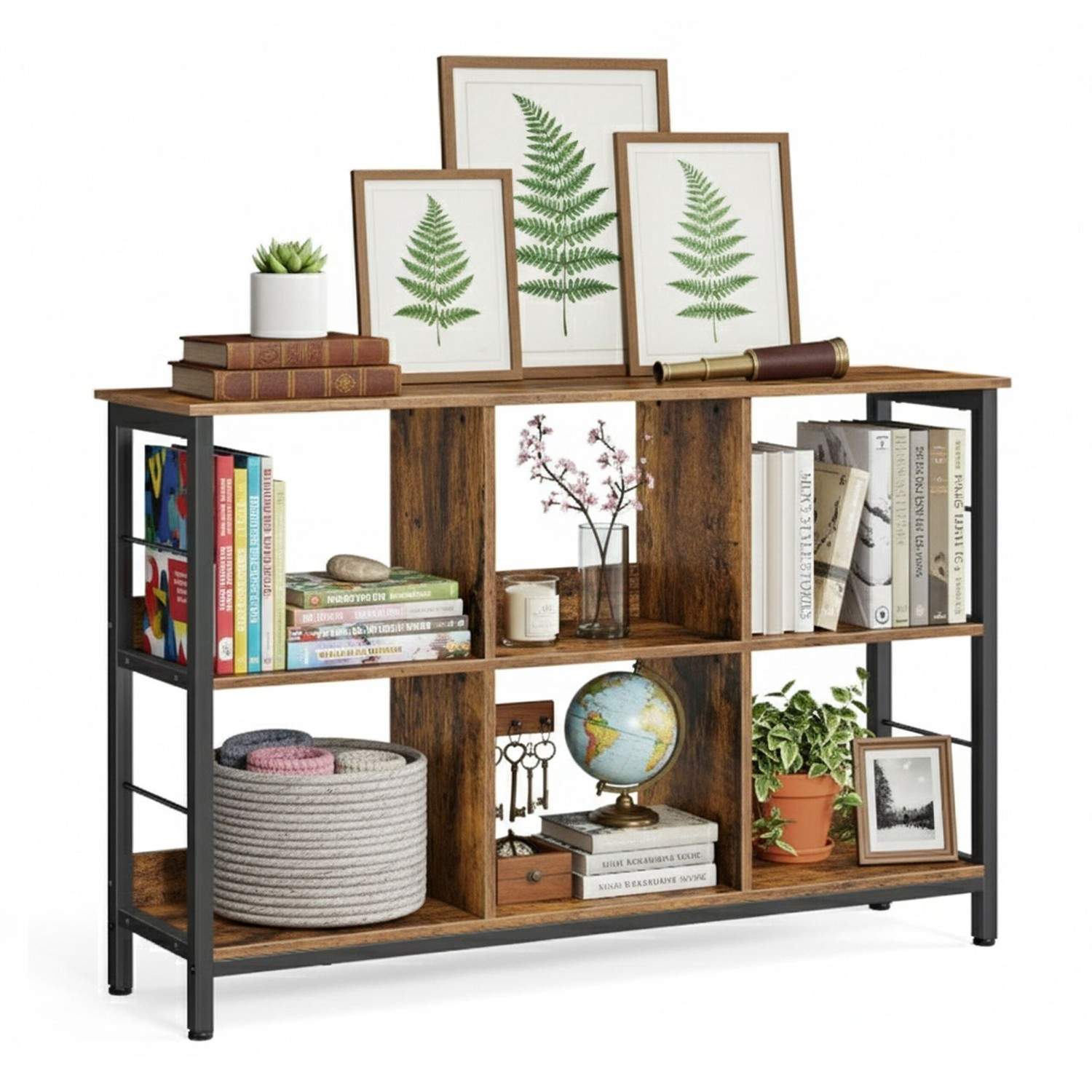 Industriel hylde, 6-lags rustikt træ- og metaldesign