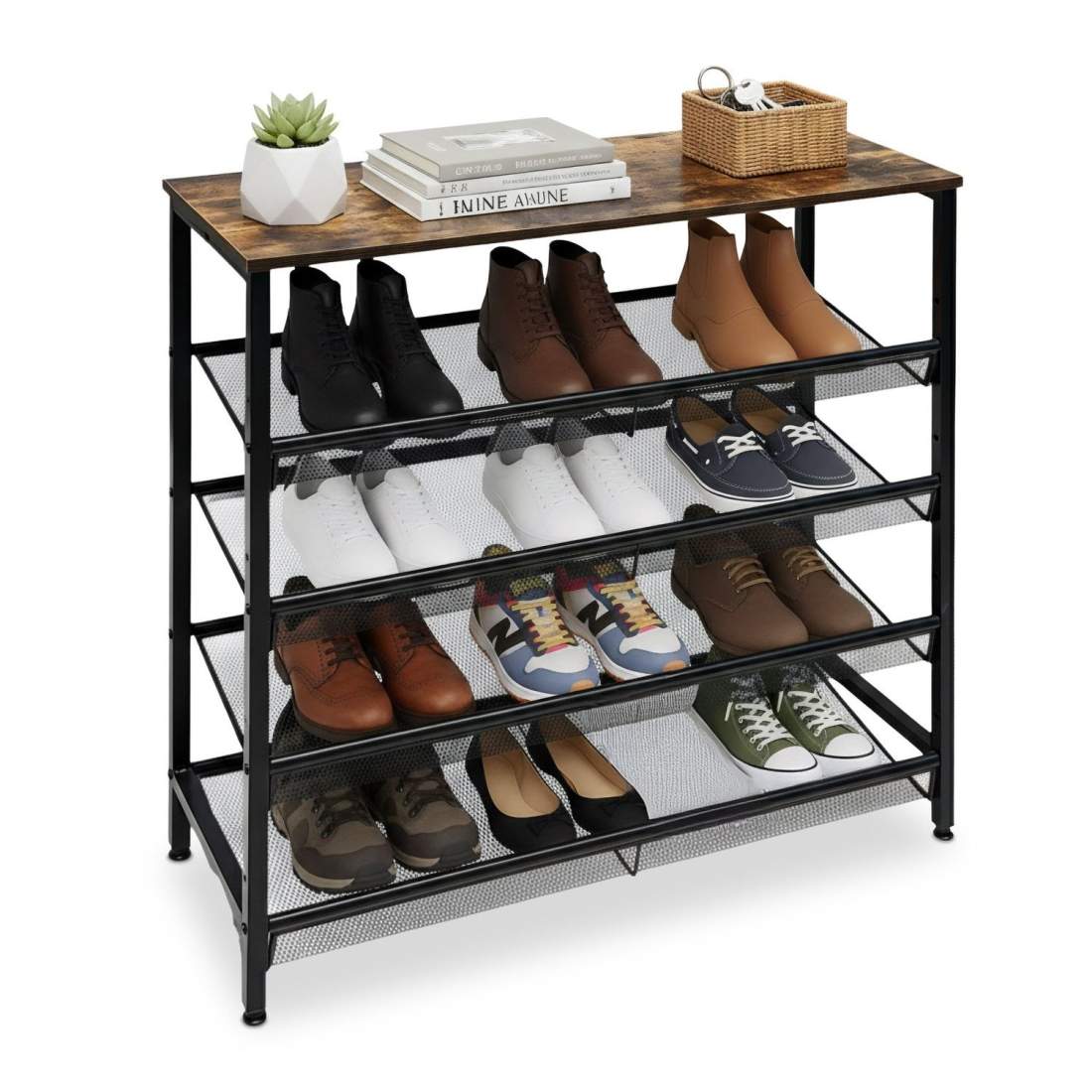 Industriell skohylla – Rustika järnhyllor, trälook-topp | Hem & Hobby | Pryloteket