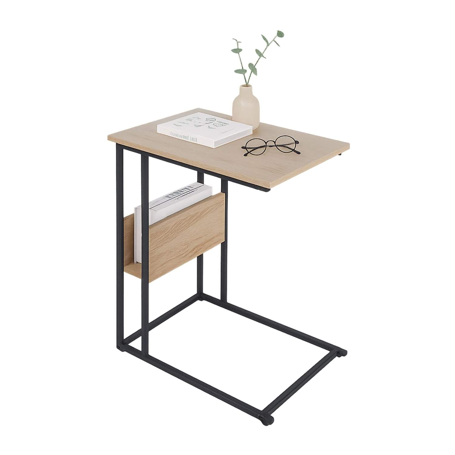 C-formet sidebord med hylde og rum – træ og metal
