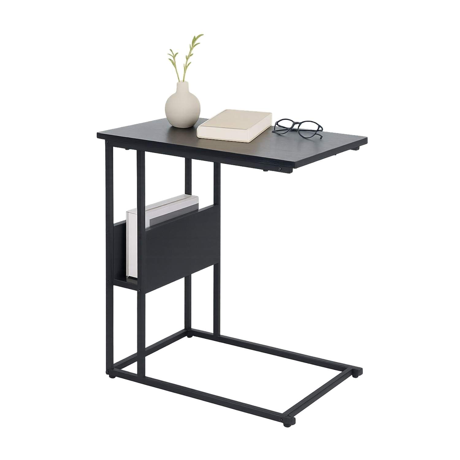 C-formet sidebord med hylde og rum – træ og metal