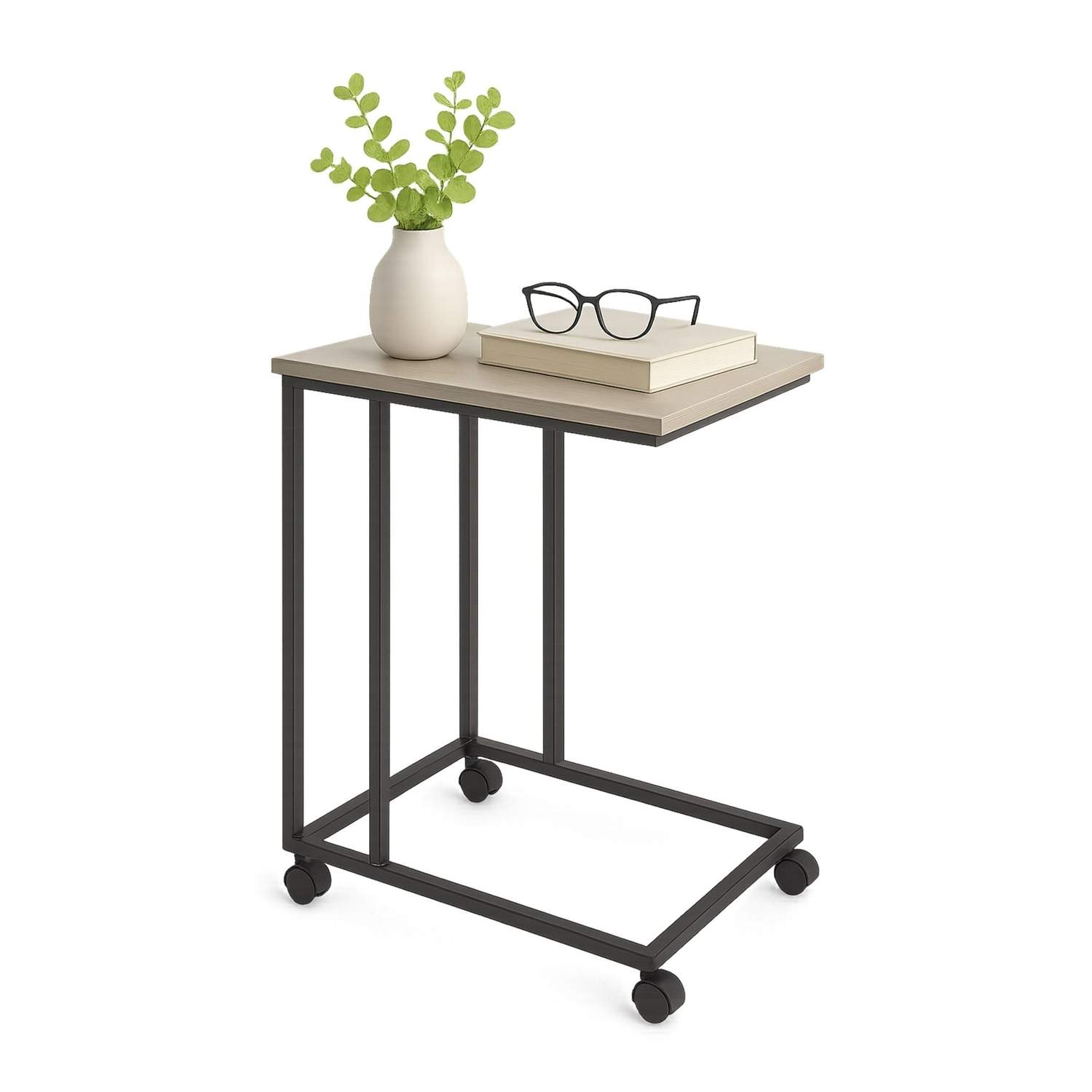 C-formet sidebord med hjul – trælook, metalstel