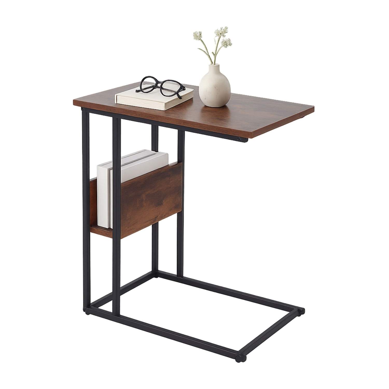C-formet sidebord med hylde og rum – træ og metal